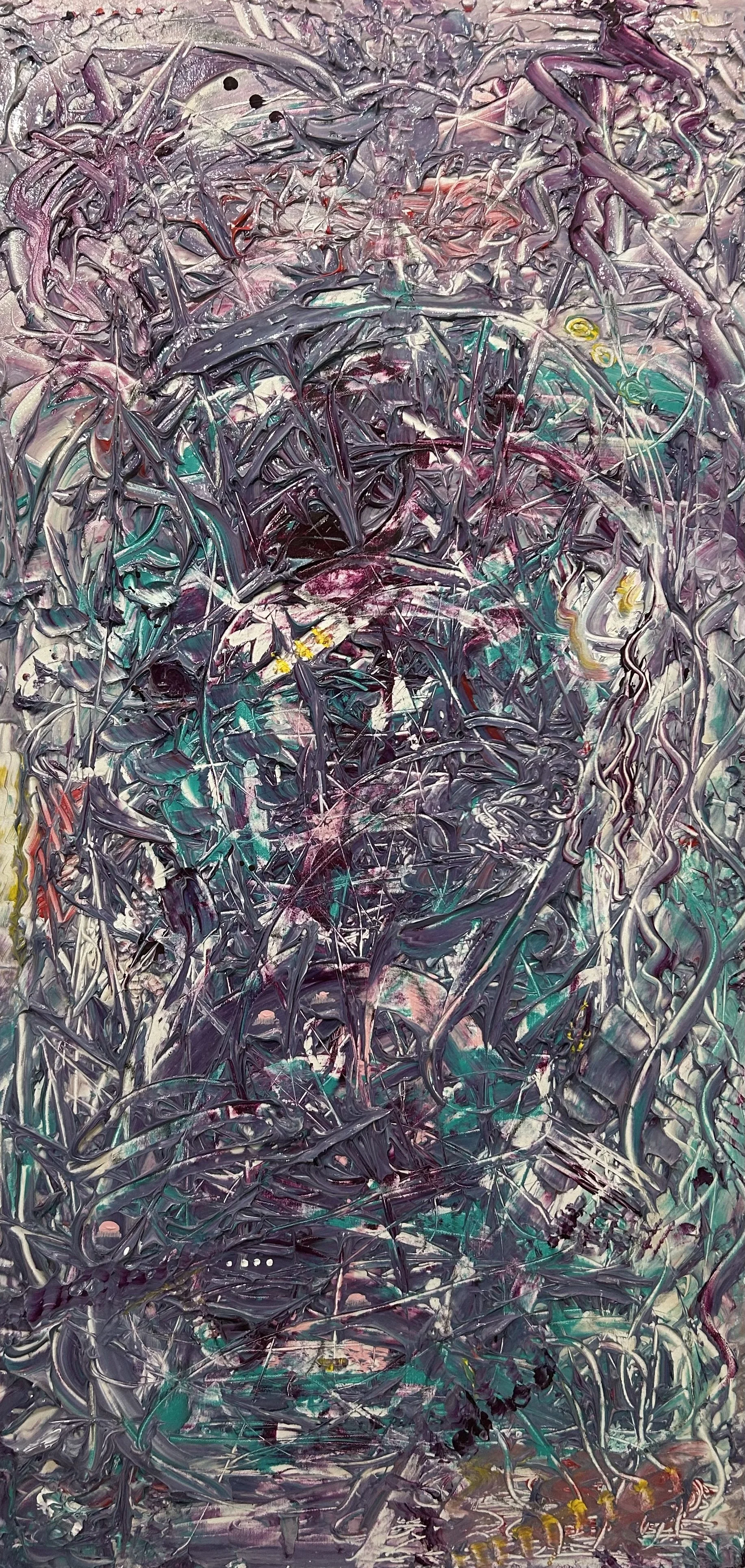 An abstract impressionist painting with thick, swirling strokes of purple, pink, teal, black, and white, creating a chaotic, layered texture.