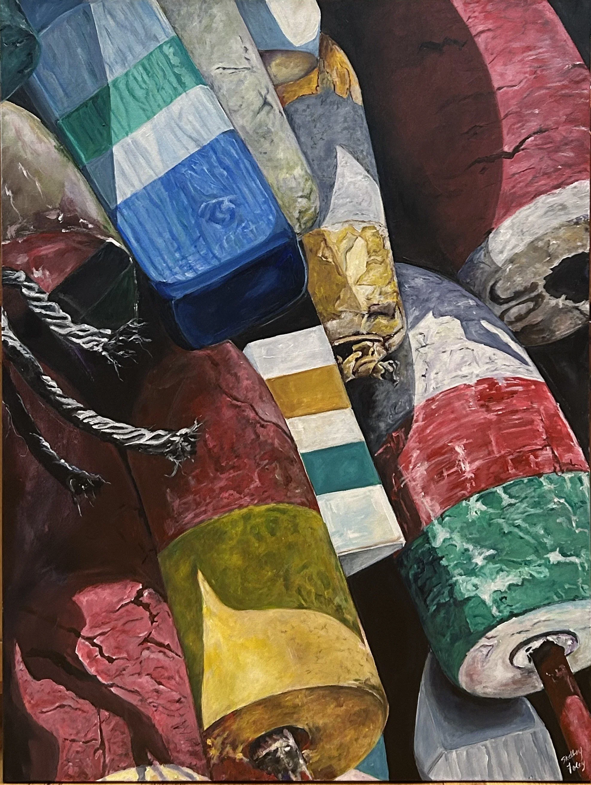 Abstract painting of several colorful, textured, and cracked cylindrical sculptures or objects with various colors including red, blue, green, yellow, white, black, and gray.