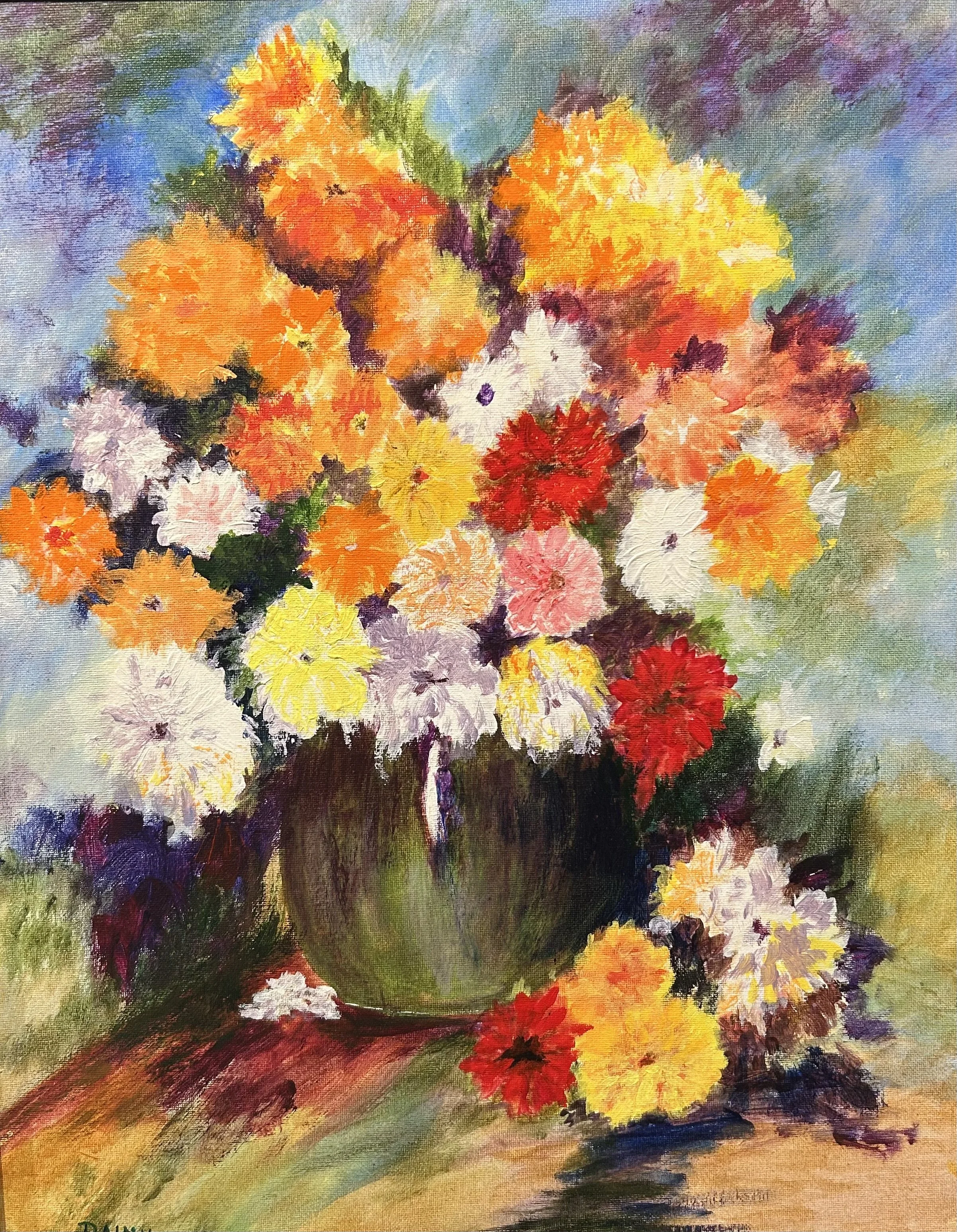 A colorful oil painting of a floral arrangement in a dark vase, featuring various flowers in shades of orange, yellow, red, white, purple, and pink, with a textured background.