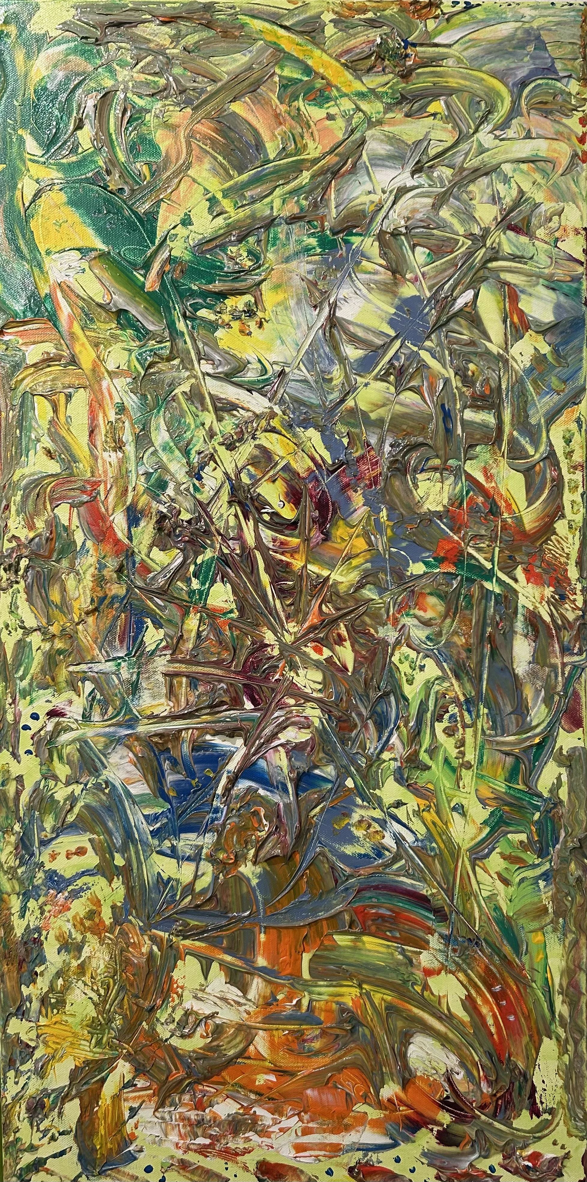 Abstract painting with swirling, vibrant colors including green, yellow, red, blue, and brown. The brushstrokes are bold and dynamic, creating a chaotic and energetic composition.