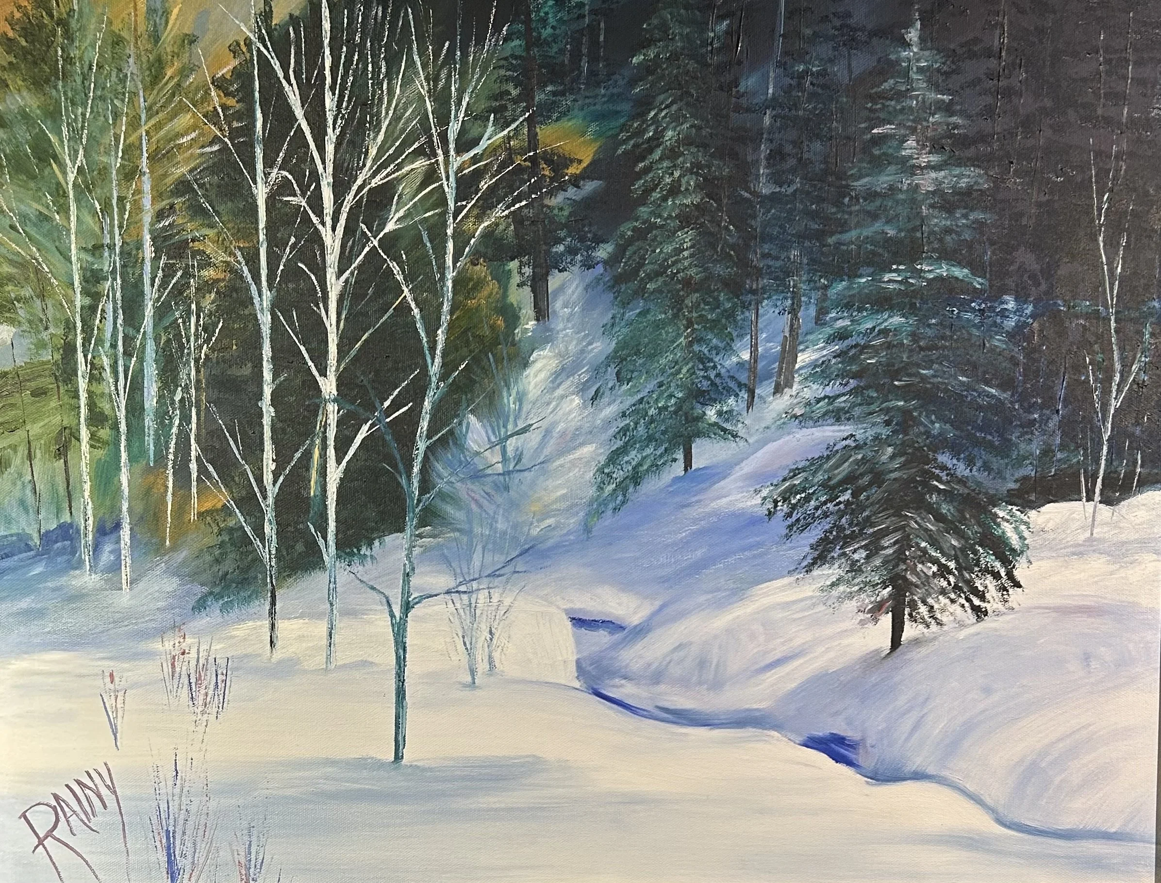 A winter landscape painting depicting snow-covered ground, bare trees, and evergreen trees with snow on their branches, in a forested area.