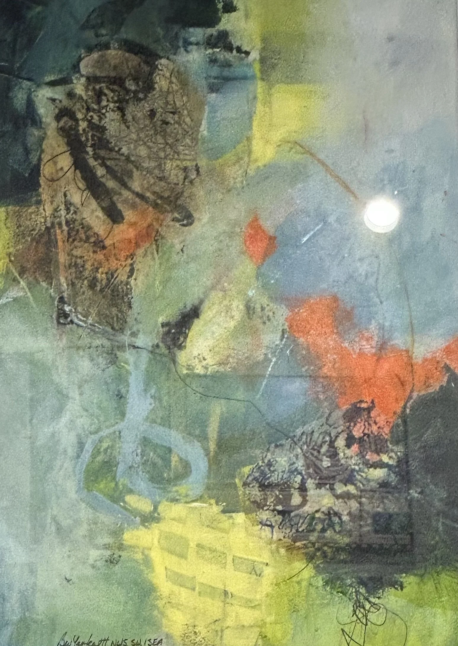 Abstract painting with various colors including yellow, blue, green, black, orange, and red, featuring textured and scribbled patterns.