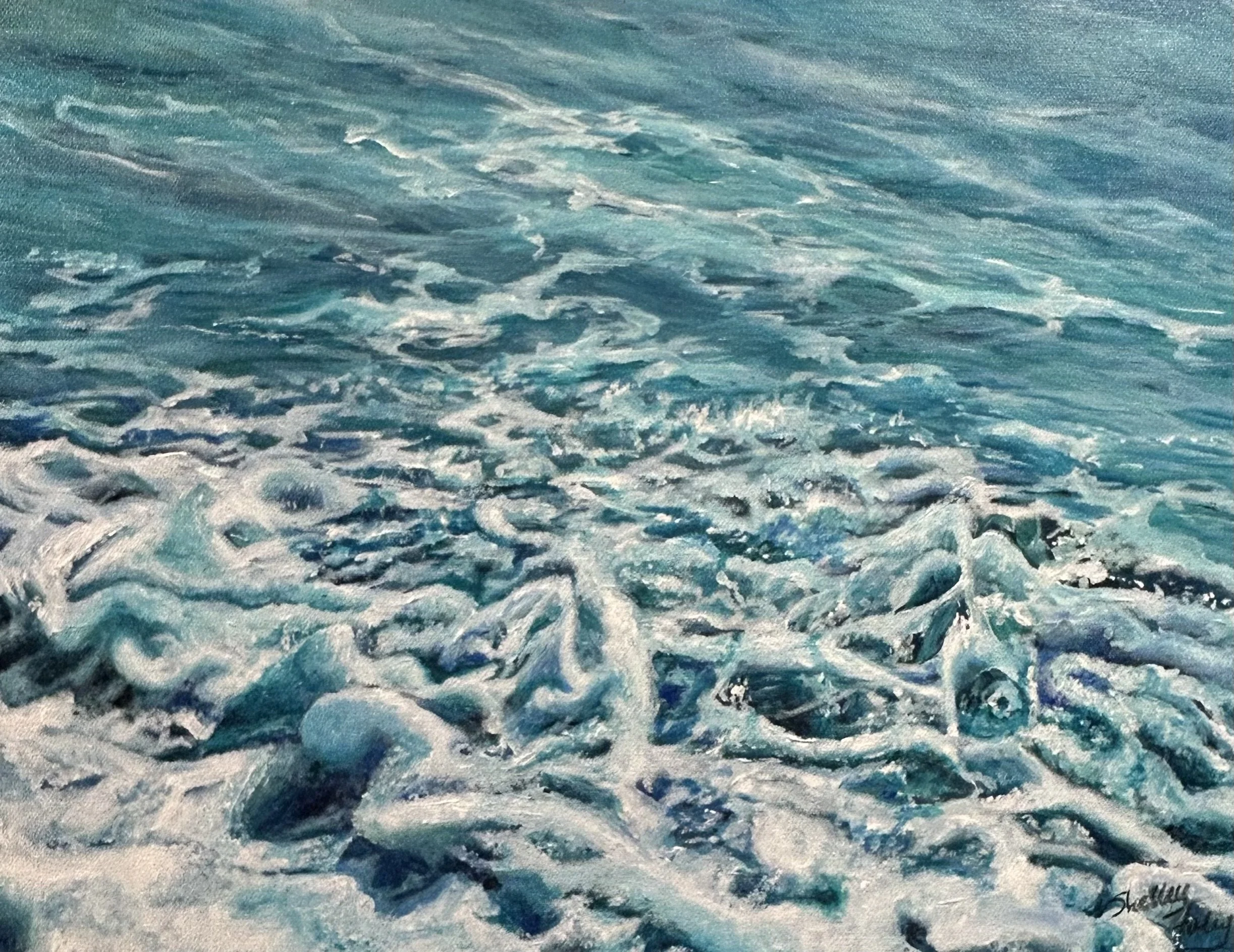 Painting of ocean water with white foam, waves, and ripples.