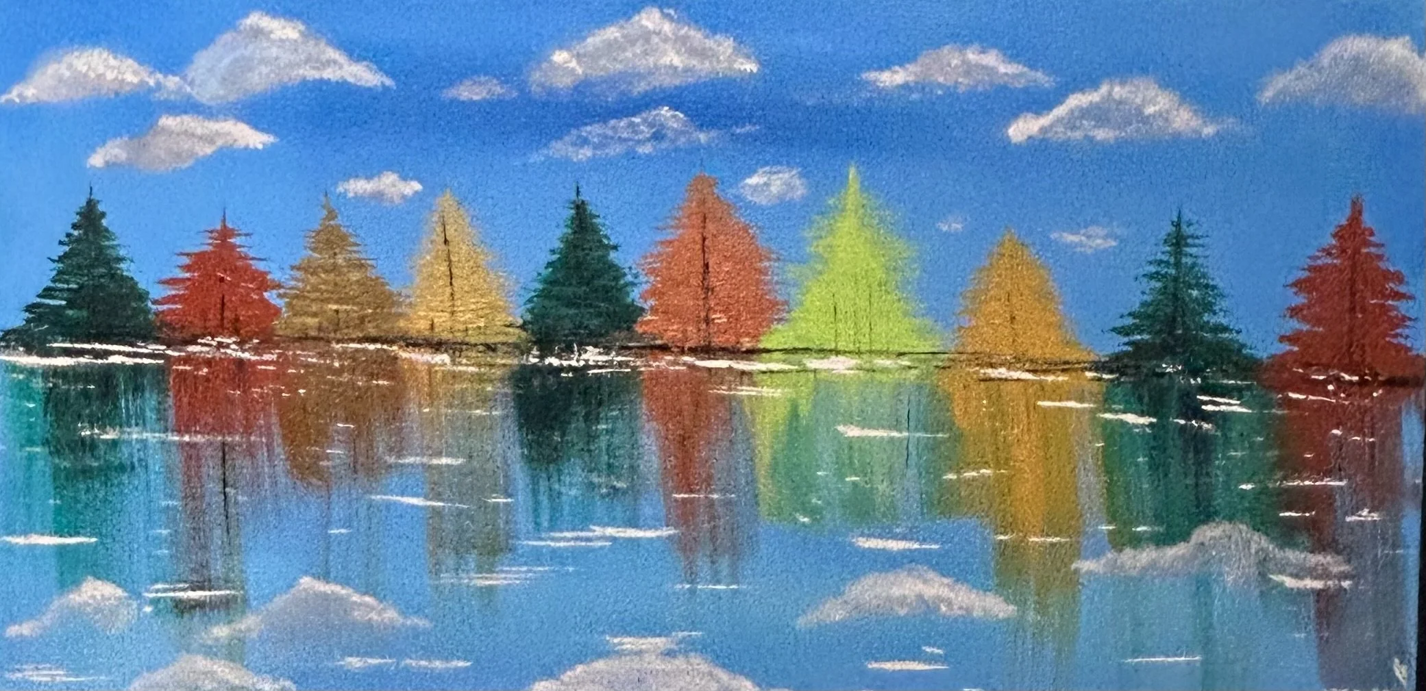 Colorful drawing of trees along the water with a blue sky and scattered clouds.