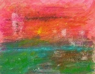 Abstract painting with red, orange, yellow, green, and blue colors blending together.