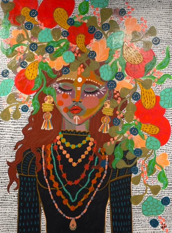 Illustration of a woman with long curly hair, adorned with a vibrant crown of fruit, leaves, and berries. She wears large earrings and multiple layered necklaces, her eyes are closed with colorful eye makeup, and her face features decorative facial markings.