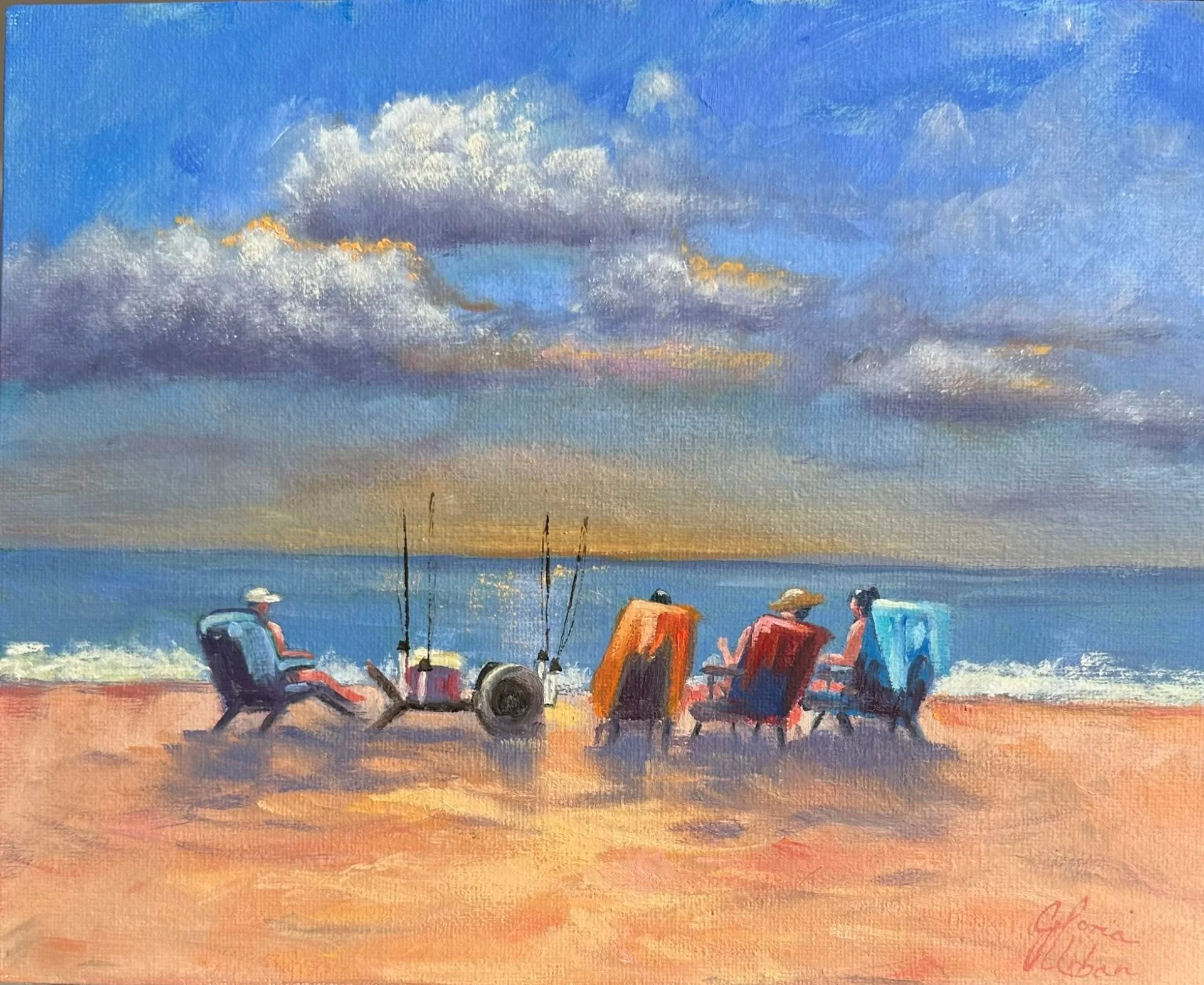 Painting of three people relaxing on a beach at sunset, chairs facing the ocean, with fishing rods resting in the sand and a cloudy sky overhead.