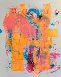 Abstract colorful painting with predominant orange, pink, blue, and yellow brushstrokes on white background.