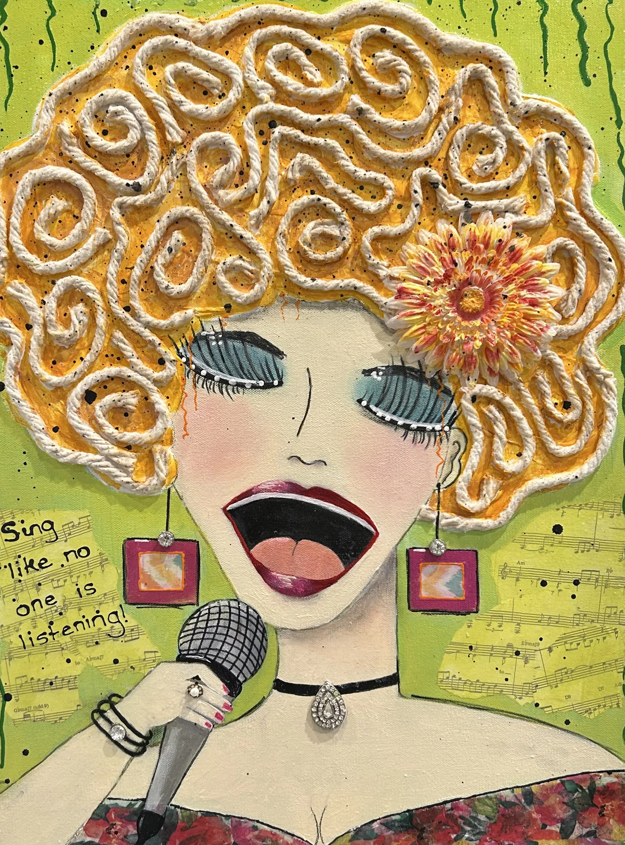 Colorful illustration of a woman singing with bright orange curly hair, closed eyes, and an open mouth. She has a flower in her hair, wears earrings, a choker, and holds a microphone. There are musical notes, sheet music, and a note saying, 'Sing like no one is listening!' in the background.