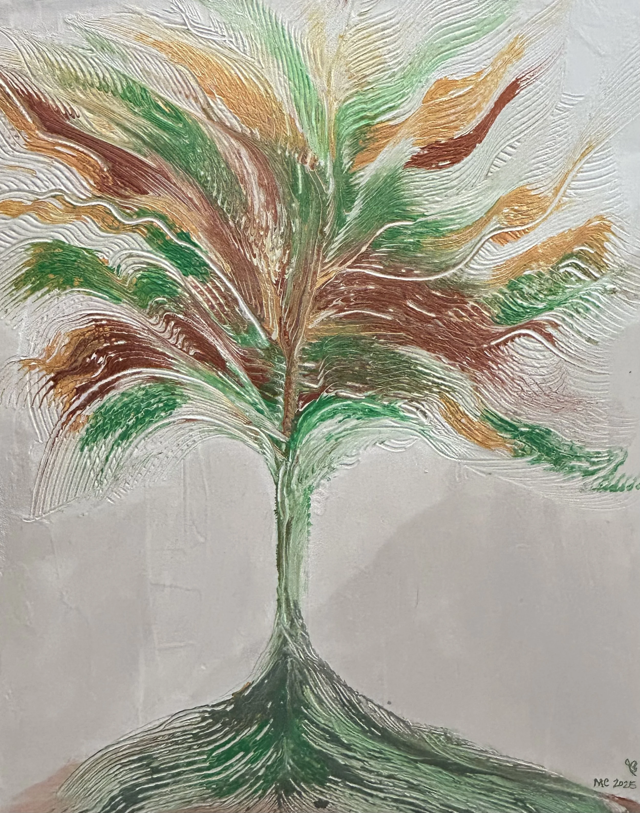 Abstract painting of a tree with green, brown, and orange leaves on a textured background.