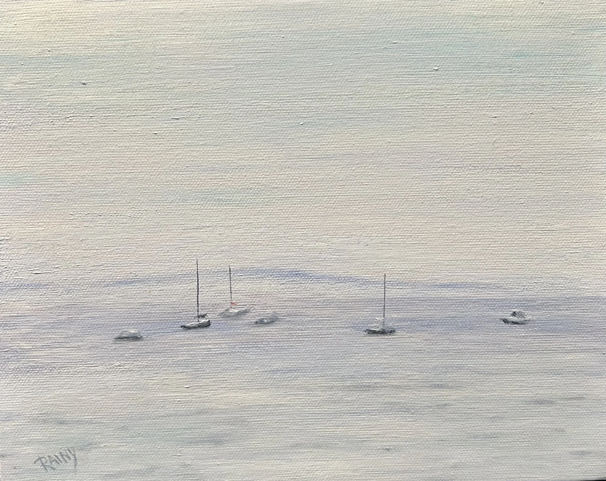 A watercolor painting of five sailboats on calm water with a muted sky, signed 'Perry' in the lower left corner.