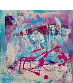 Abstract painting with blue, pink, and purple brushstrokes, featuring some scribble-like lines and shapes.