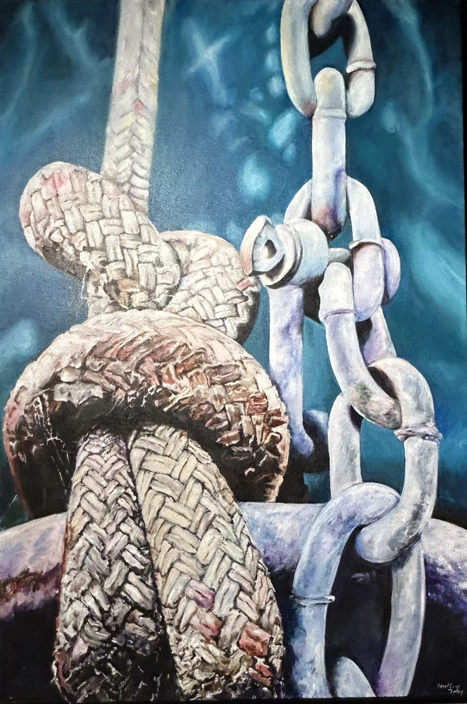 A painting of a human head with a woven texture, surrounded by mechanical, chained components, and set against a dark, abstract blue background.