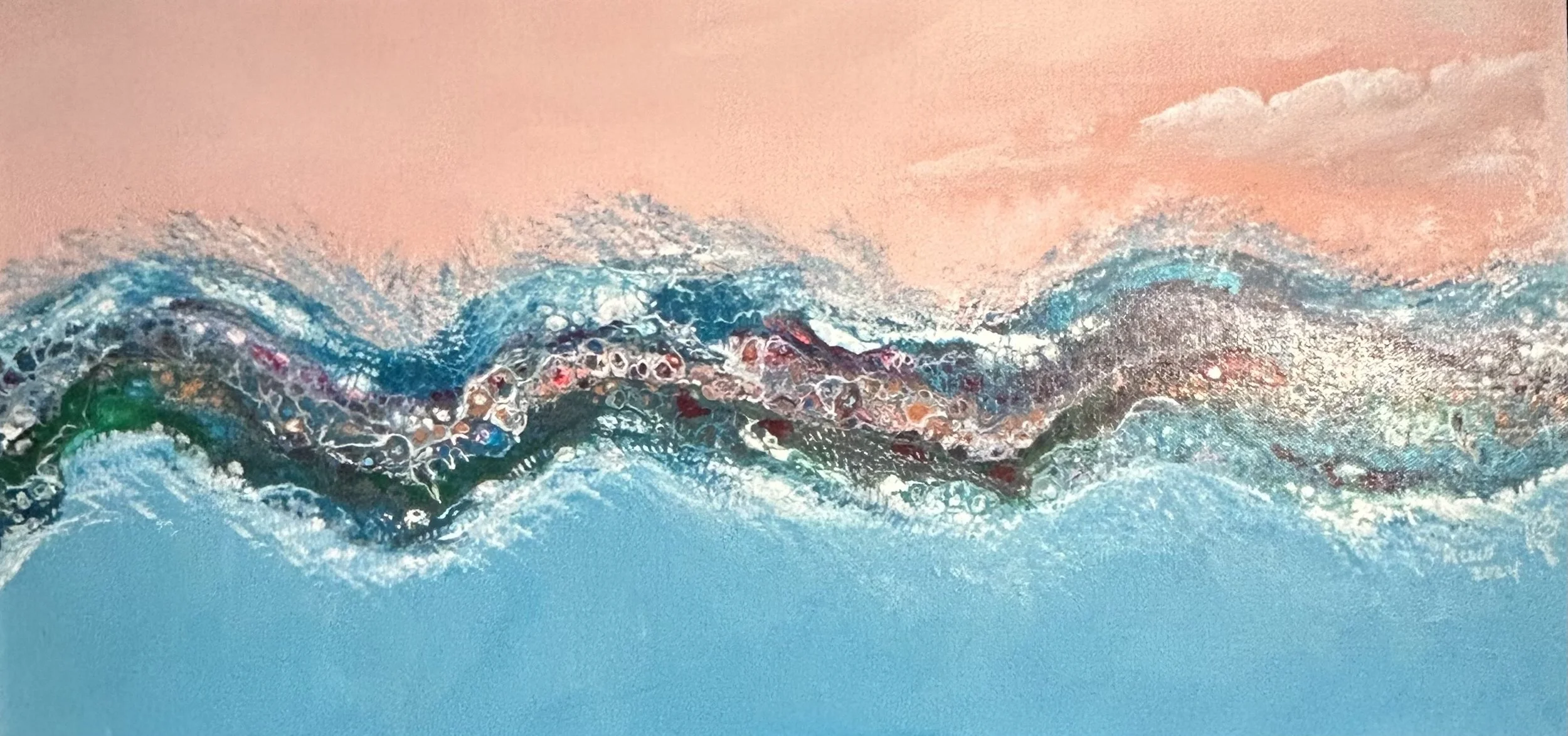 Abstract painting of ocean waves with pink sky background.