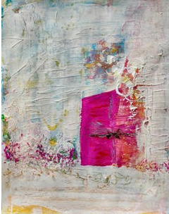 Abstract painting with a pink rectangular shape and colorful splashes on a textured light background.