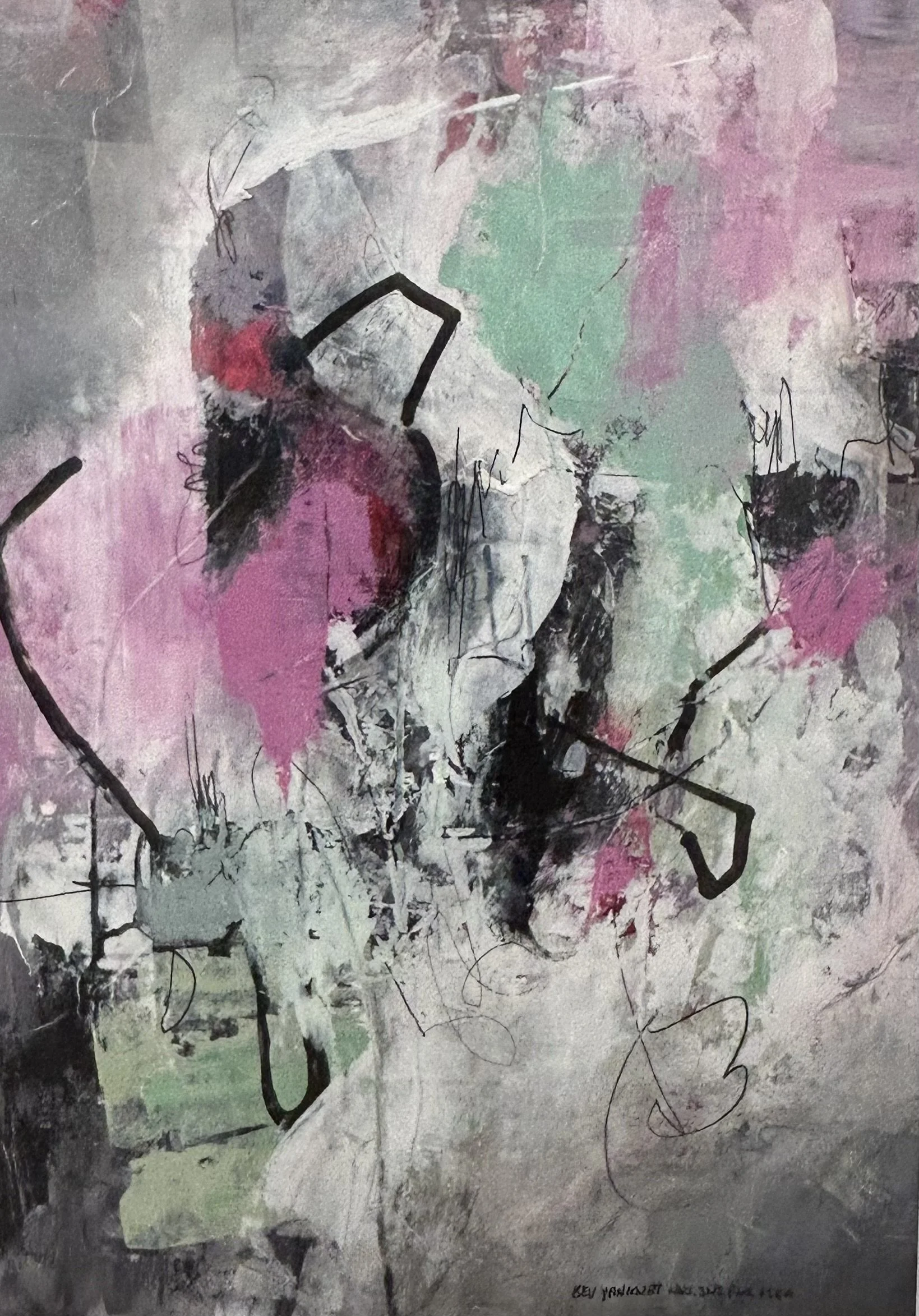 Abstract painting with pastel pink, green, black and white colors, featuring bold black lines and scribbles.