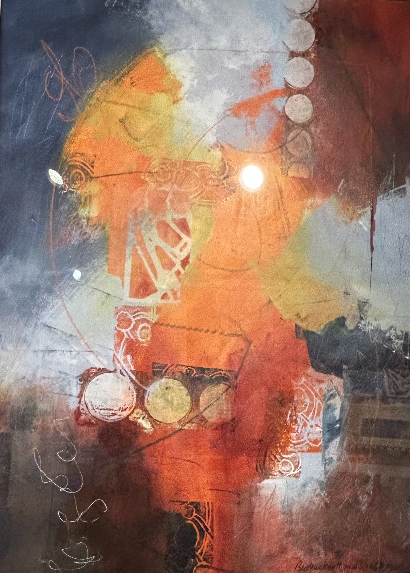 Abstract painting with warm colors like orange and yellow, complemented by dark shades of black and blue, including circular and geometric shapes, with some white scribbles and textures.