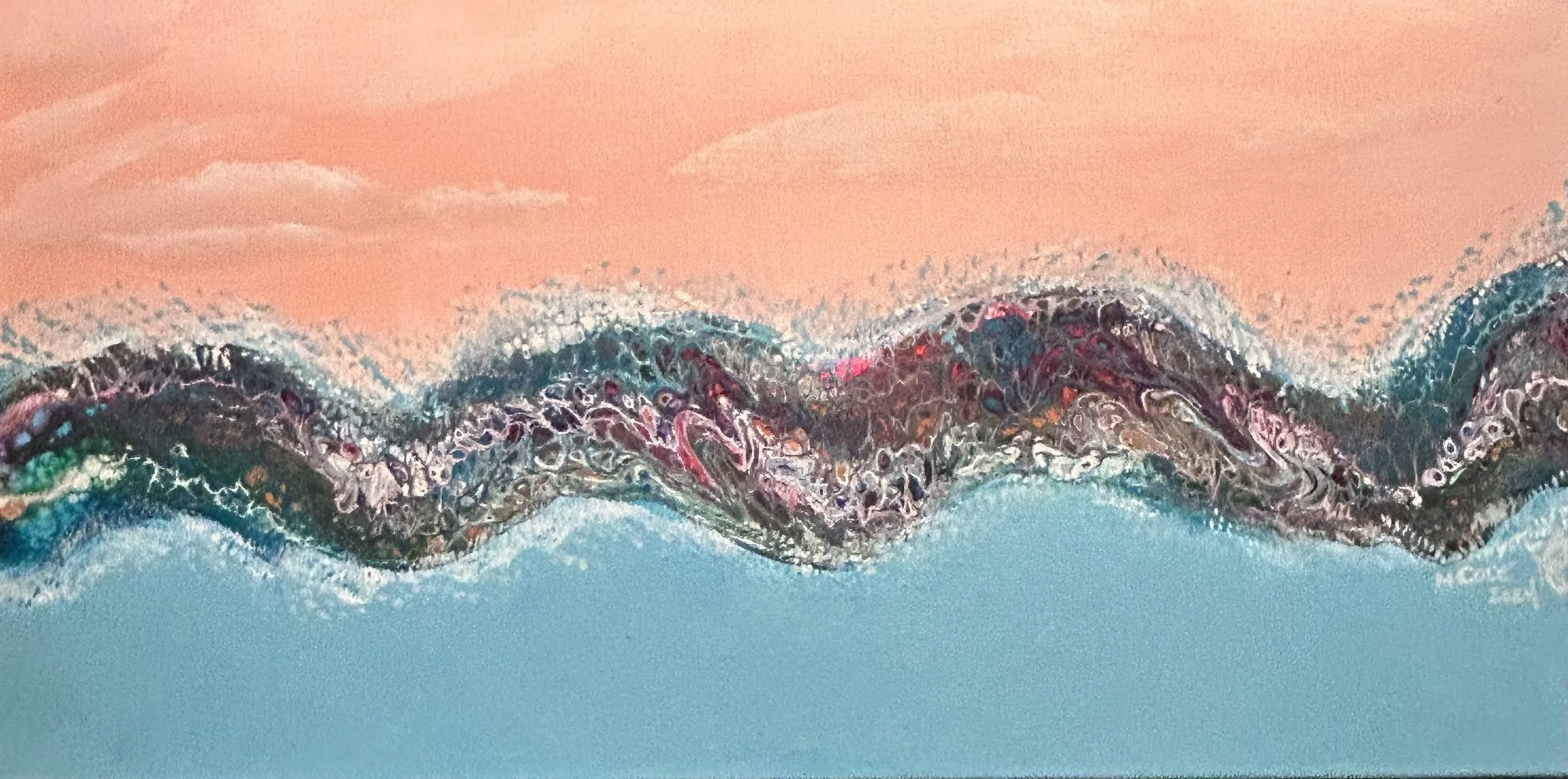 Abstract painting of ocean waves with pink sky in background, using vibrant and swirling colors.