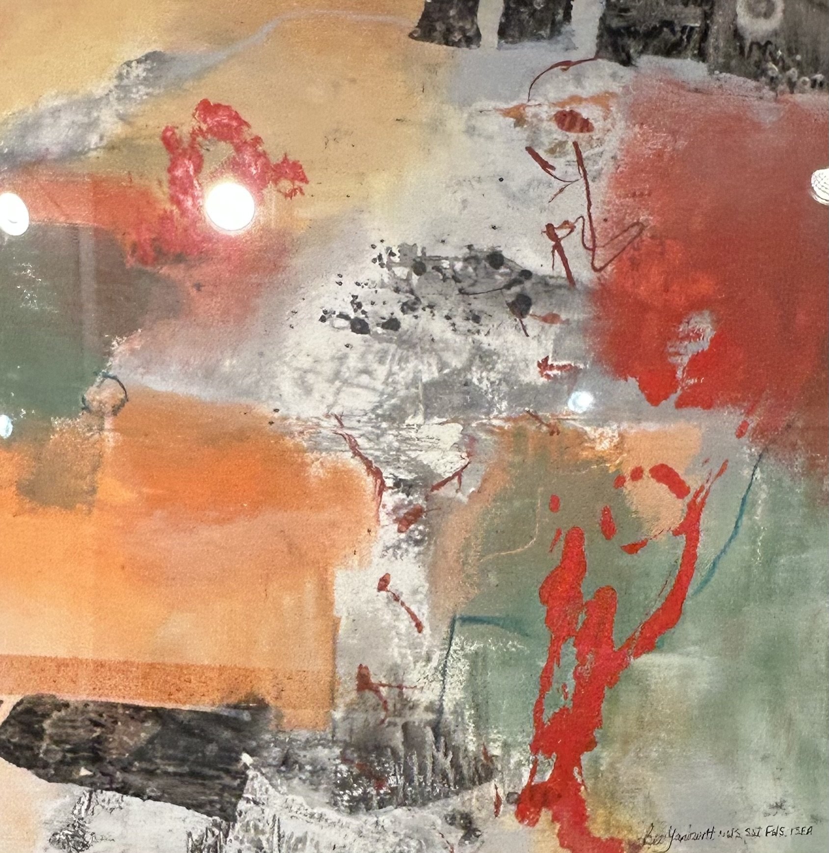 Abstract painting with warm hues of orange, red, black, and green, featuring textured and smeared brushstrokes with circular light reflections.