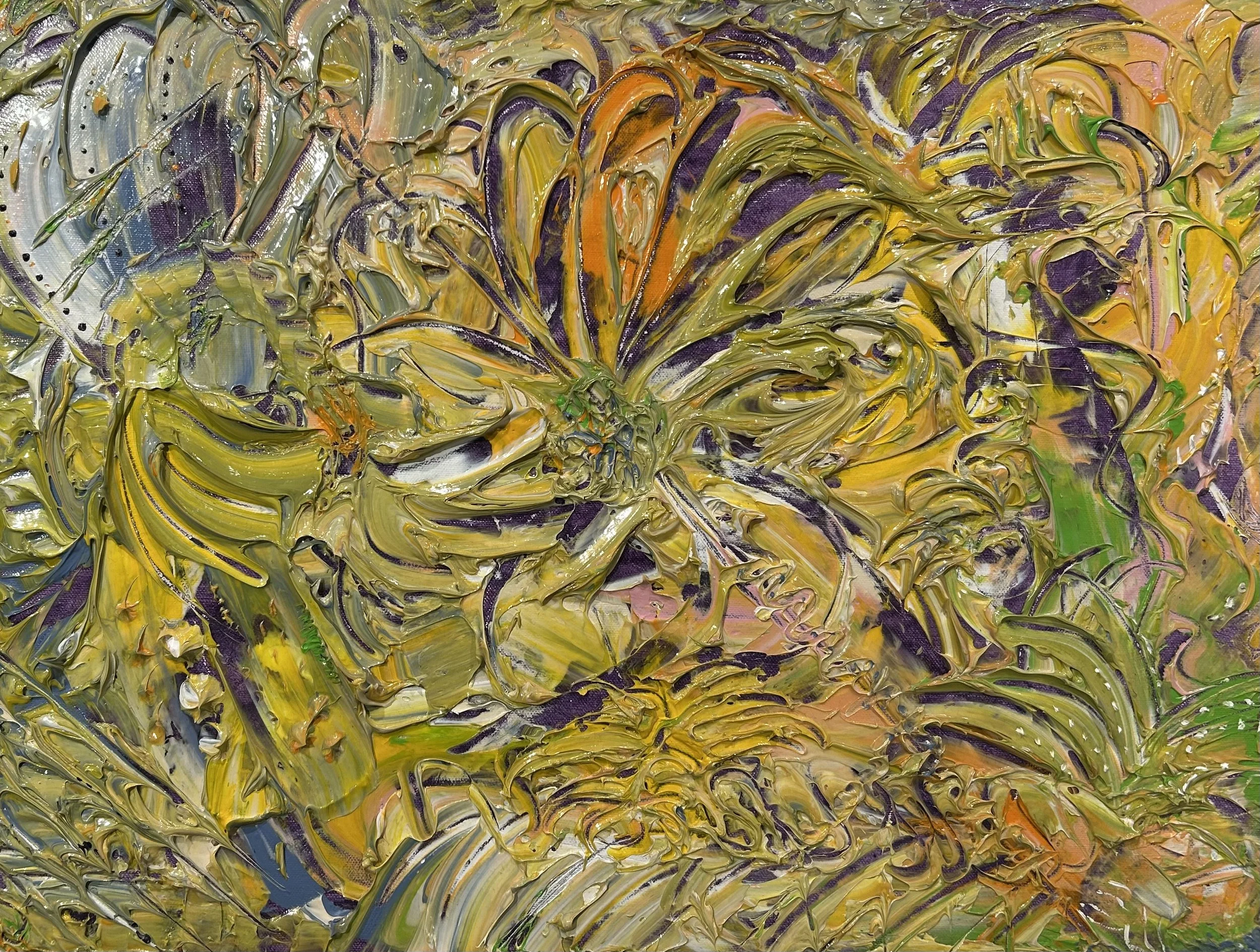 Abstract painting with thick, swirling strokes of yellow, purple, green, and orange paint.