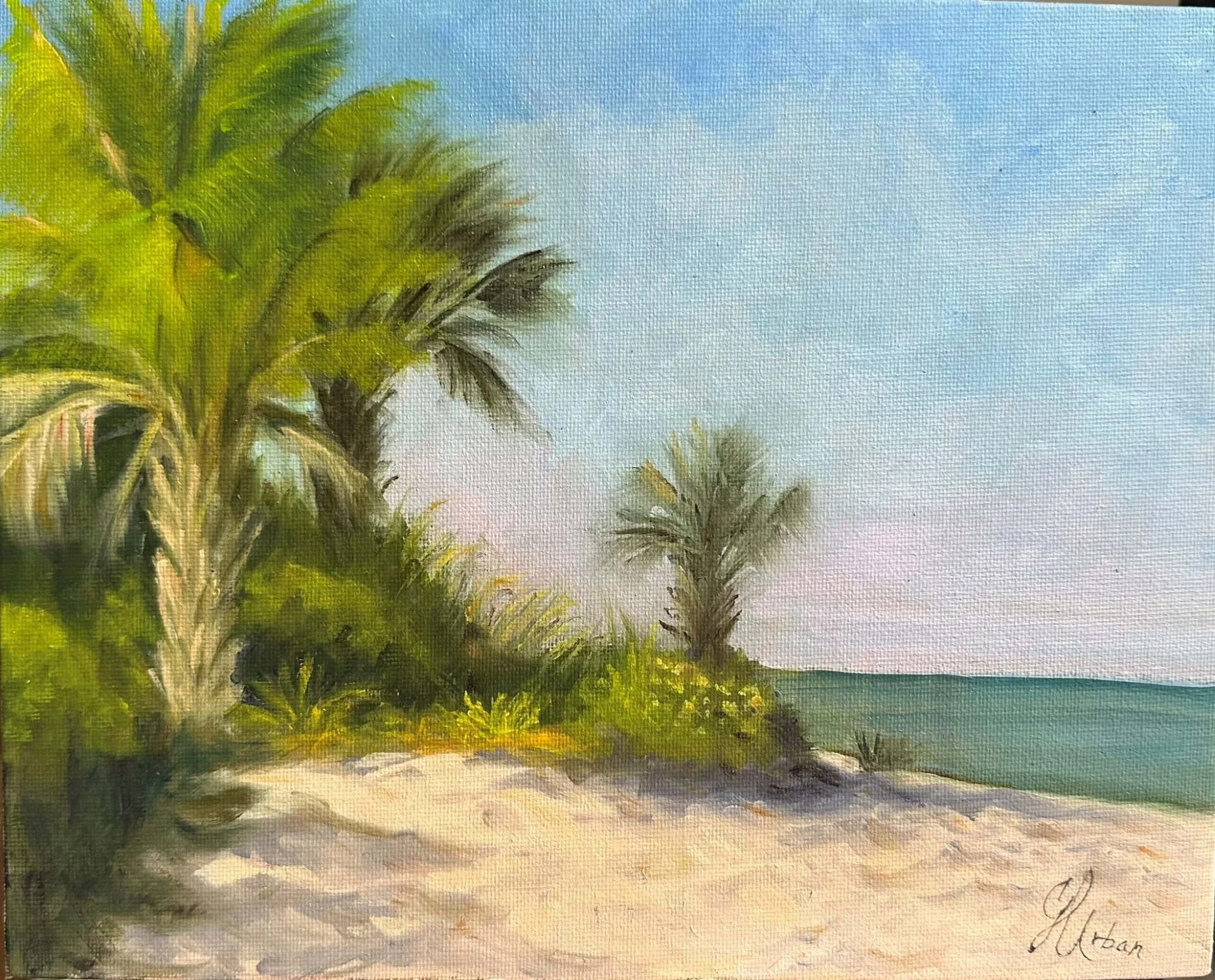 A watercolor painting of a beach scene with palm trees, sandy shore, and ocean in the background under a partly cloudy sky.