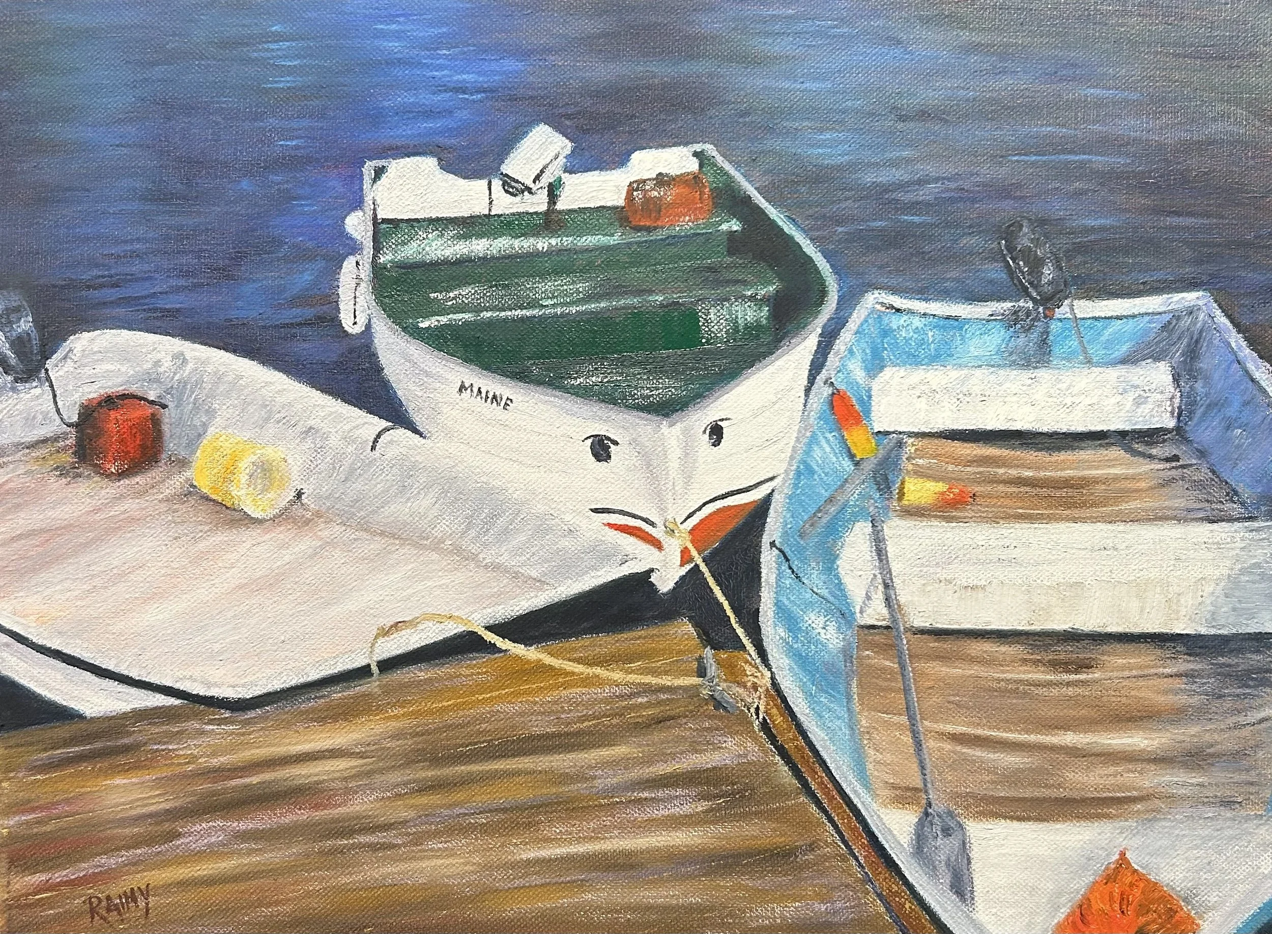 Painting of three small boats docked at a pier, with one boat painted green and white, another blue and white, and the third white. The boats have outboard motors and fishing gear, and the pier has wooden planks.