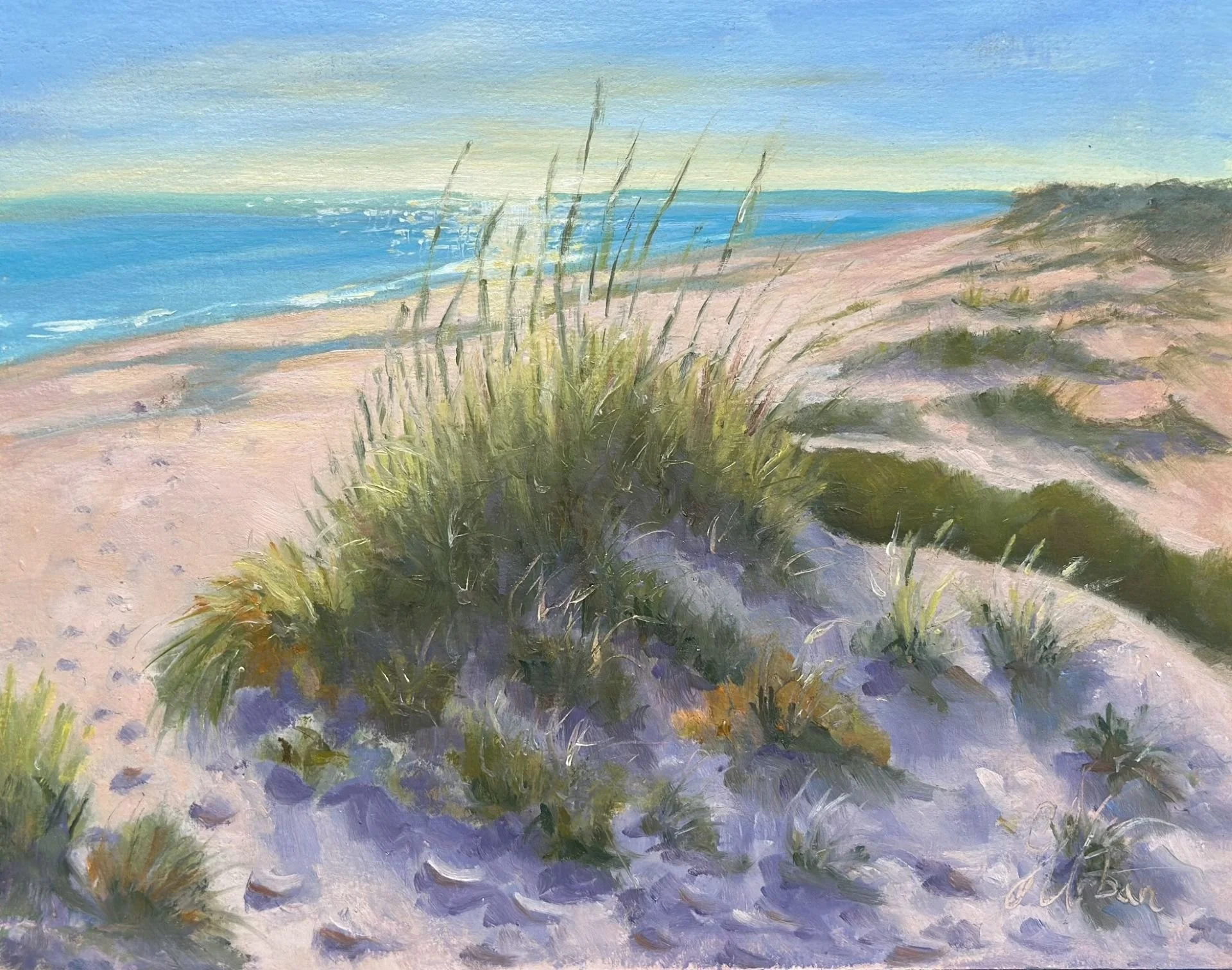 A painting of a sandy beach with dune grass, in the background an ocean and a pastel sky.