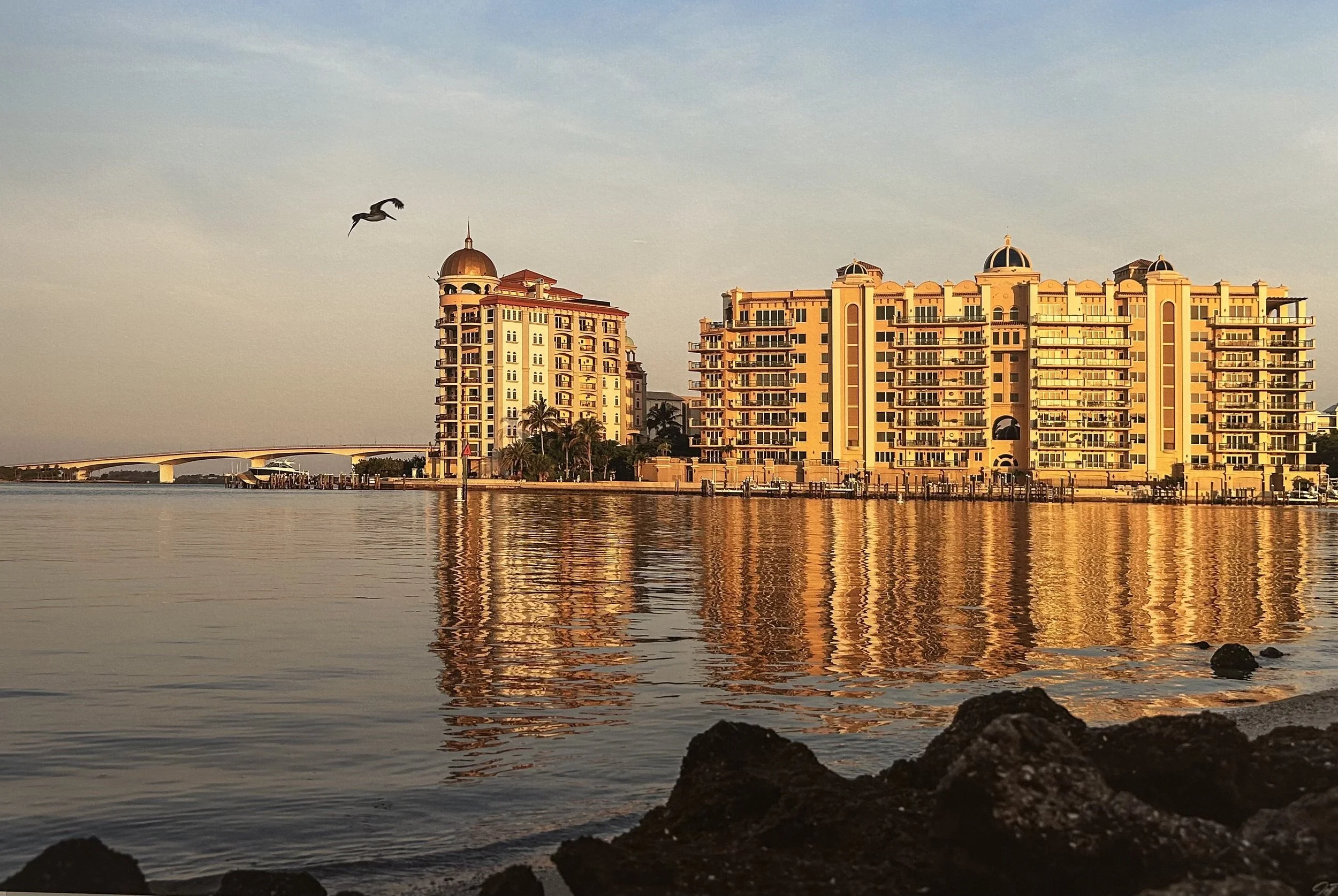 Sunset over waterfront buildings with reflections in the water and a bird flying in the sky.