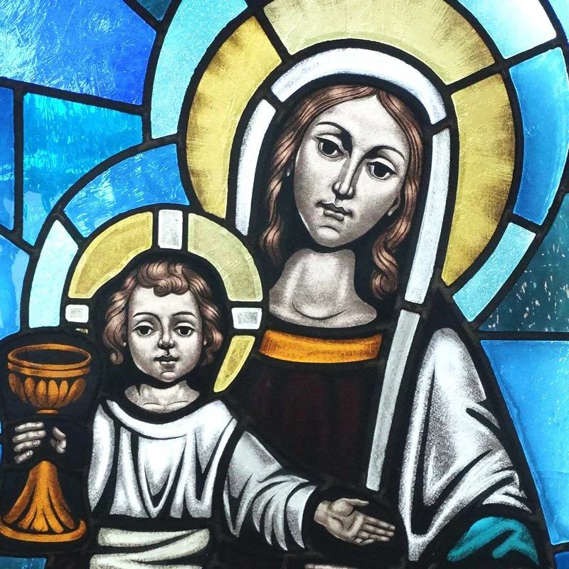 Mary and jesus stained glass, madonna stained glass, catholic imagery