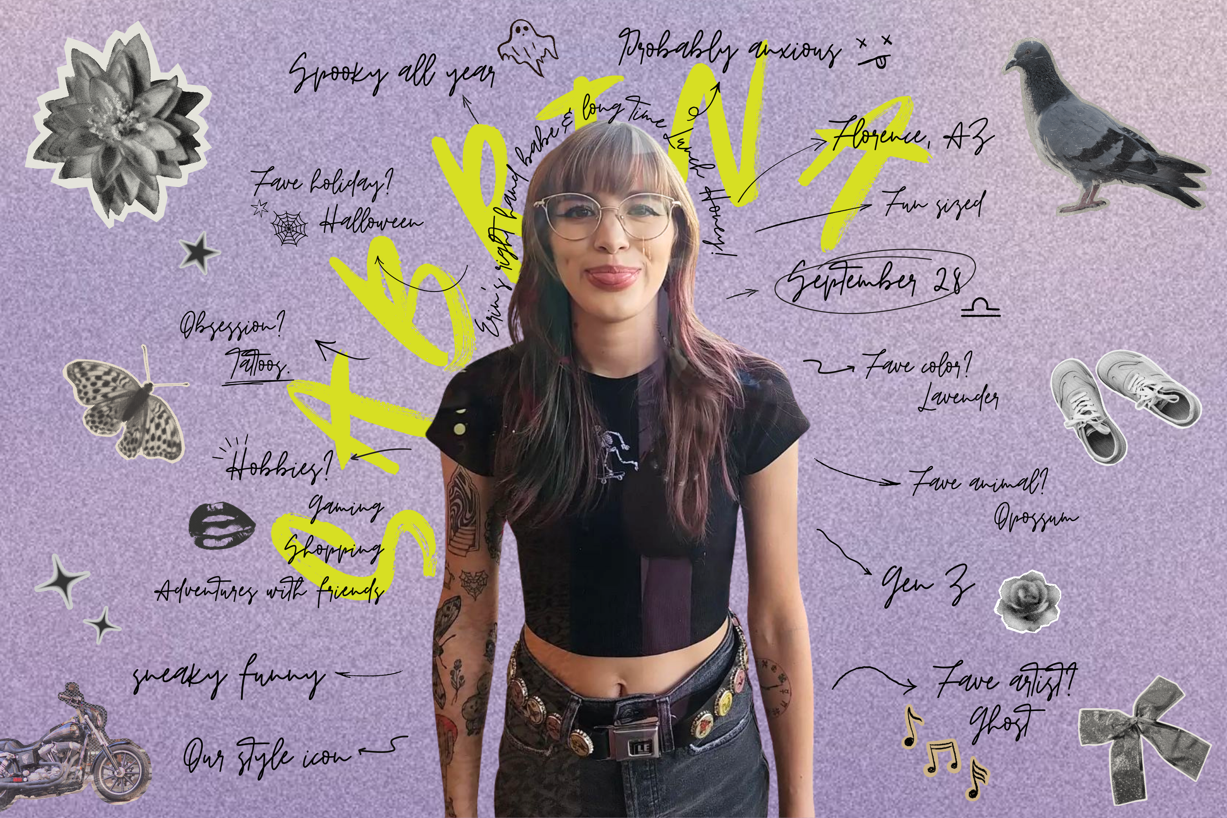 A young woman with glasses and tattoos standing against a purple background, surrounded by handwritten notes, doodles, and stickers including a bird, butterfly, motorcycle, sneakers, and stars. The notes mention her interests such as gaming, shopping, traveling, hobbies, and favorite colors and animals.