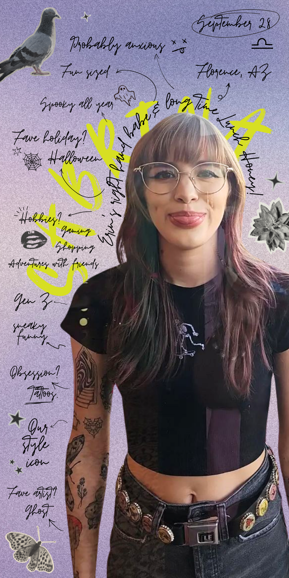A woman with glasses, long hair, and tattoos on her arm, smiling in front of a purple background with notes and doodles, including a pigeon, Halloween symbols, stars, a skull, a butterfly, and handwritten notes about her hobbies and style.