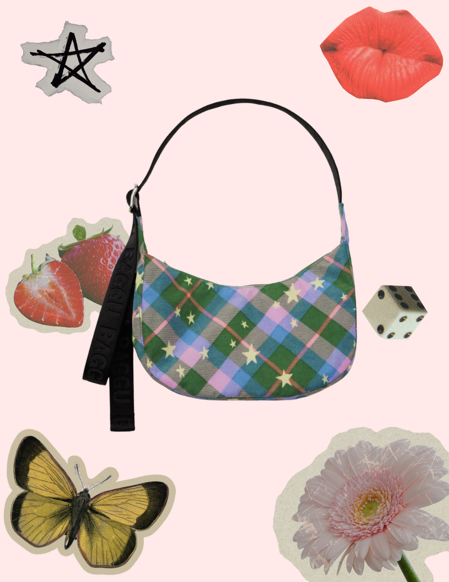 BAGGU Small Crescent Bag - Green Star Plaid