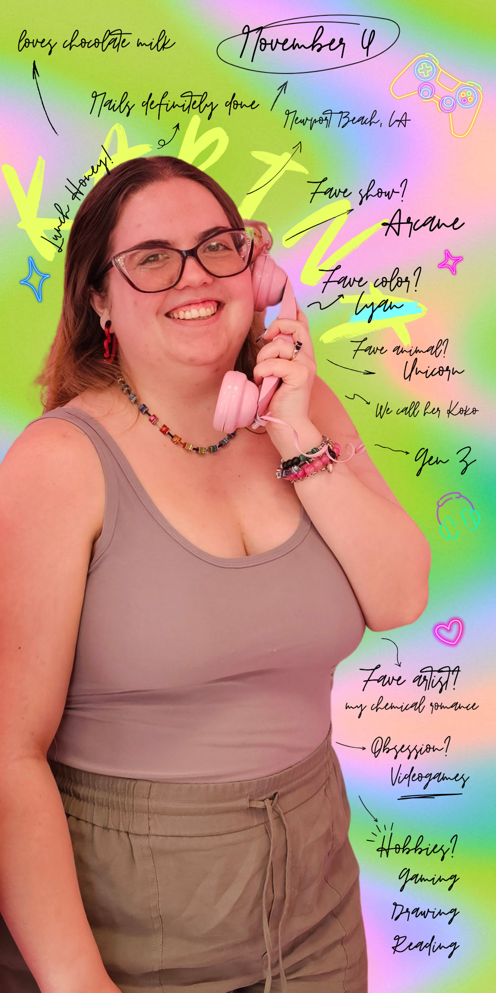 A woman with dark hair, glasses, and a beaded necklace, smiling while holding a pink vintage telephone receiver to her ear. She wears a light gray tank top and khaki pants, against a rainbow-colored background with handwritten notes and doodles.