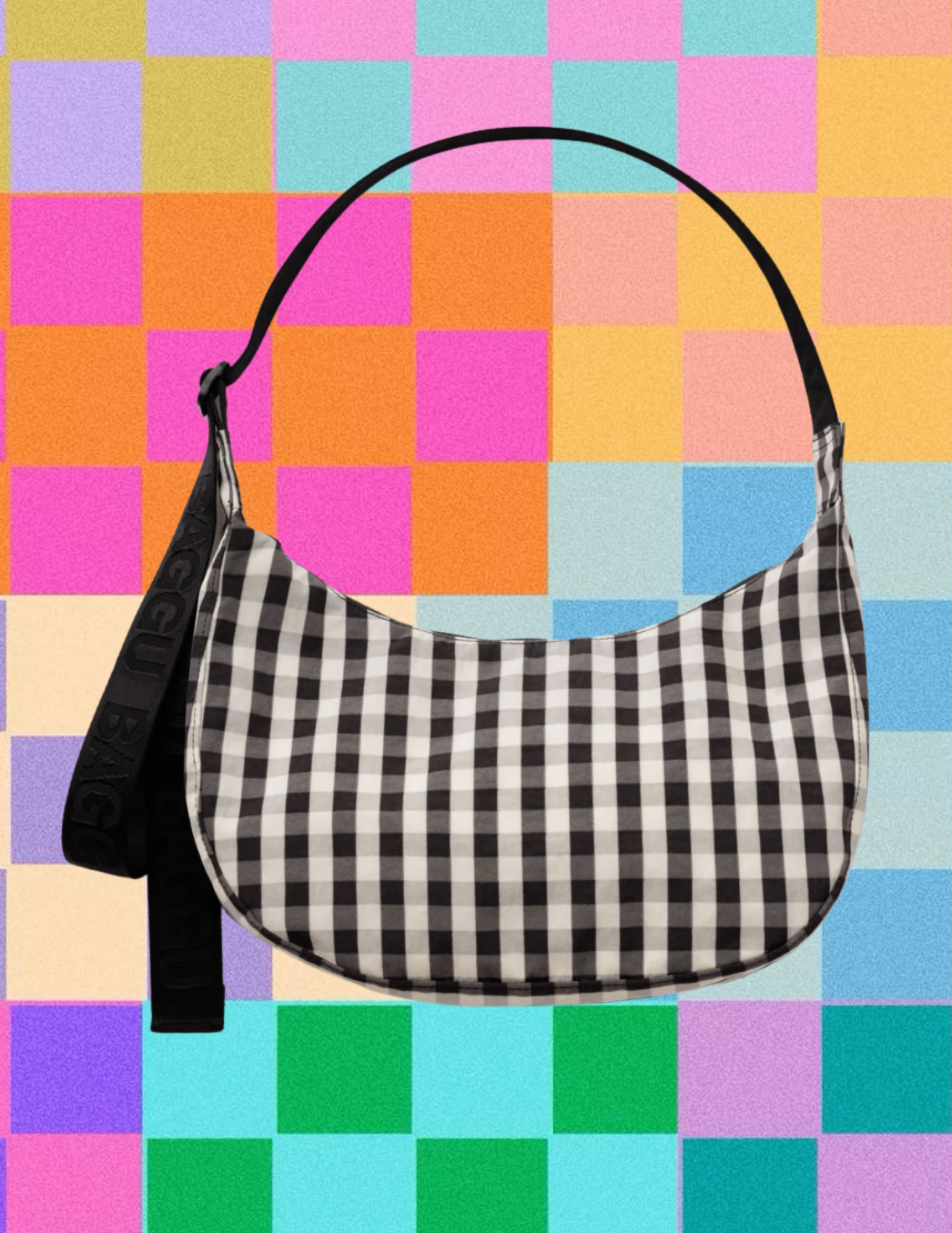 BAGGU Medium Crescent Bag | Black and Cream Gingham
