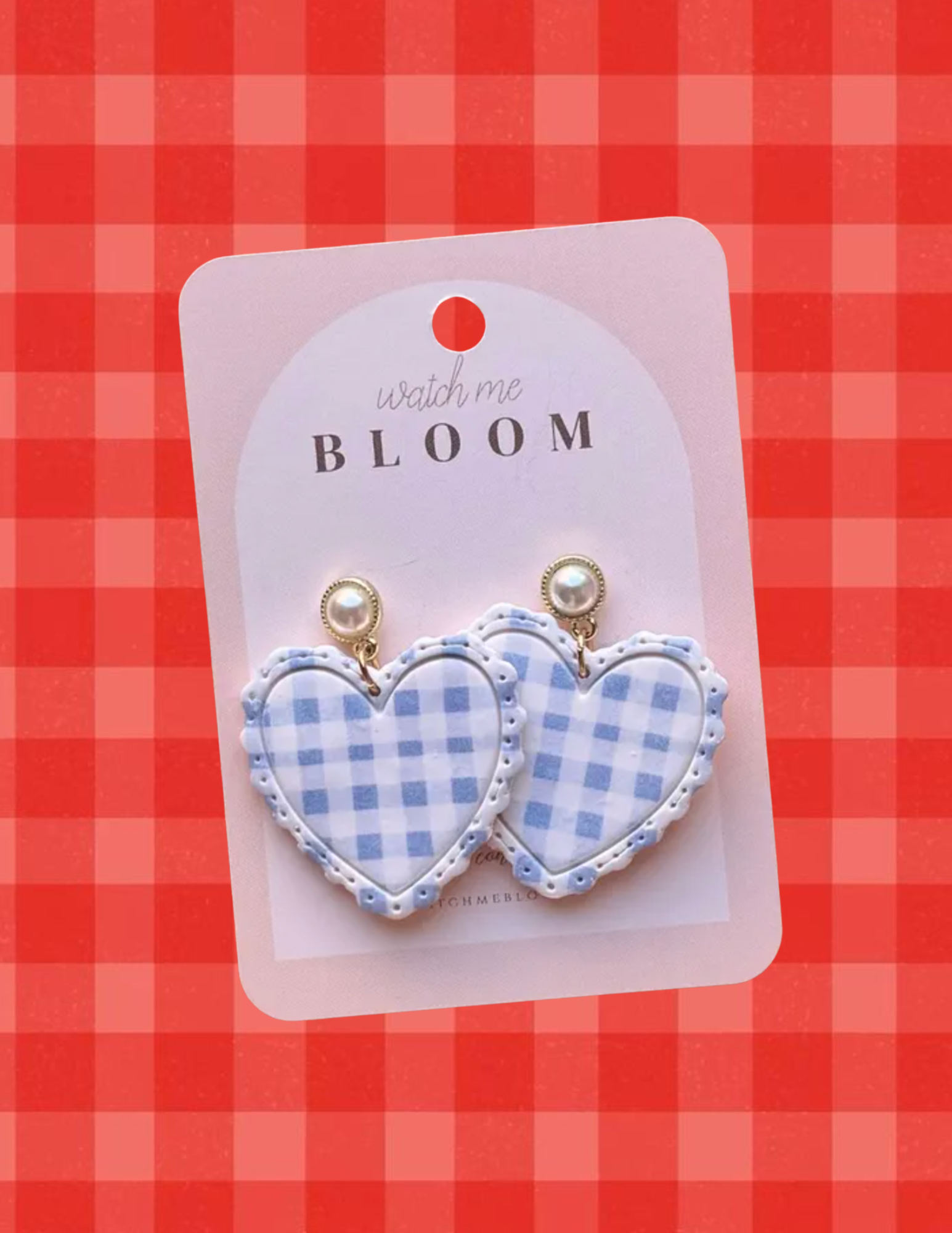 Blue Gingham Ruffle Hearts Earrings