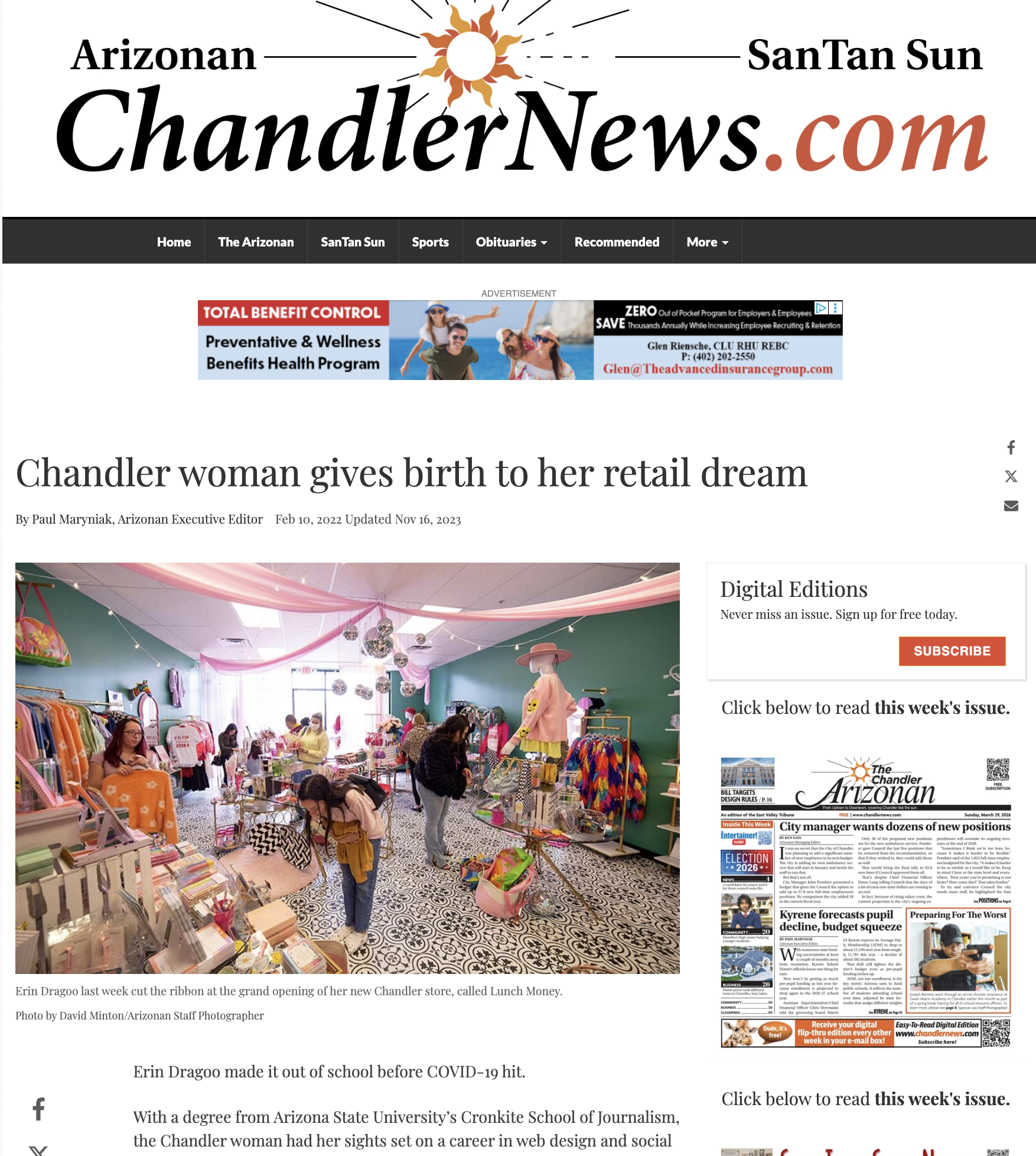 A screenshot of the Chandler News website showing an article titled 'Chandler woman gives birth to her retail dream,' with a photograph of a grand opening event at a boutique store featuring shopping racks, colorful clothing, decorations, and women shopping inside.