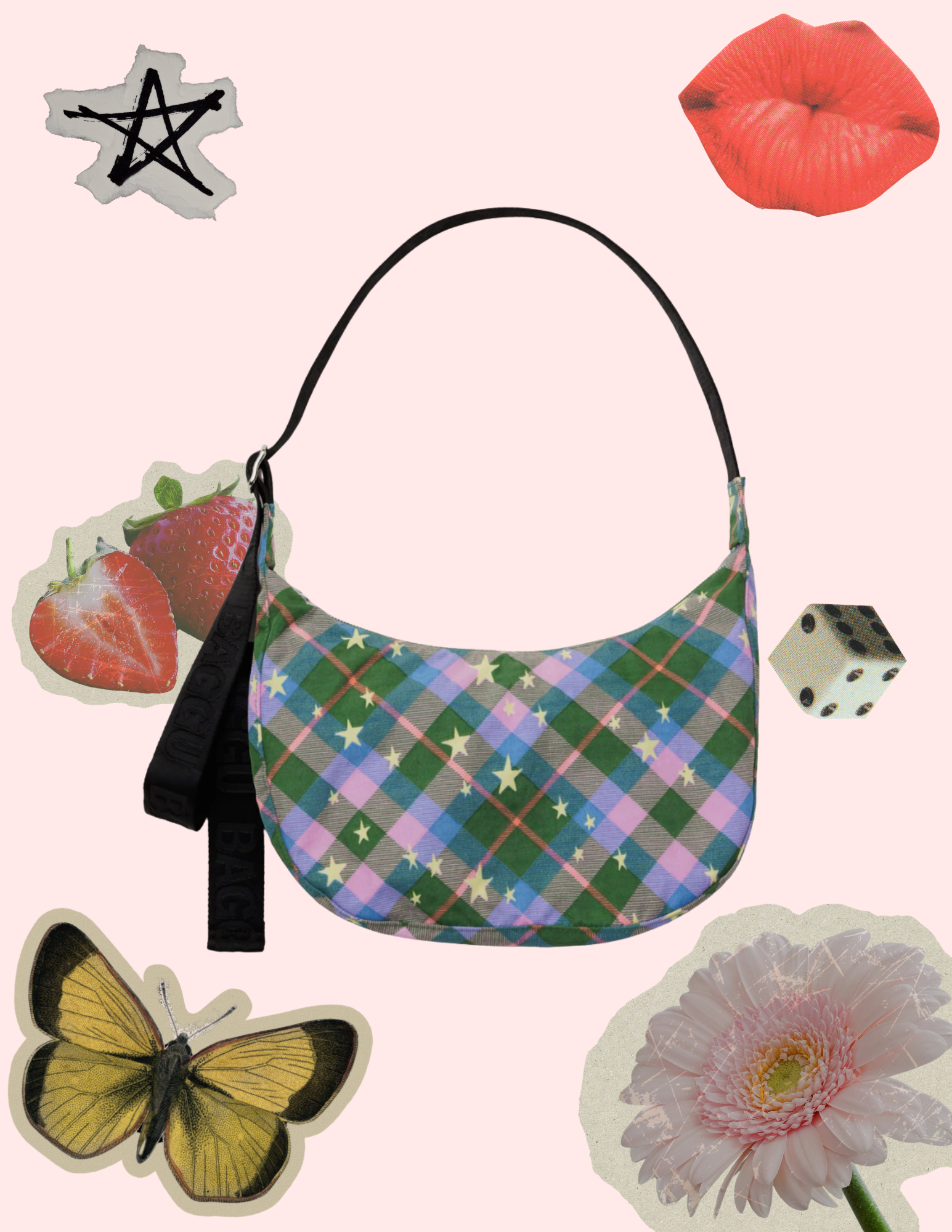 BAGGU Medium Crescent Bag - Green Star Plaid