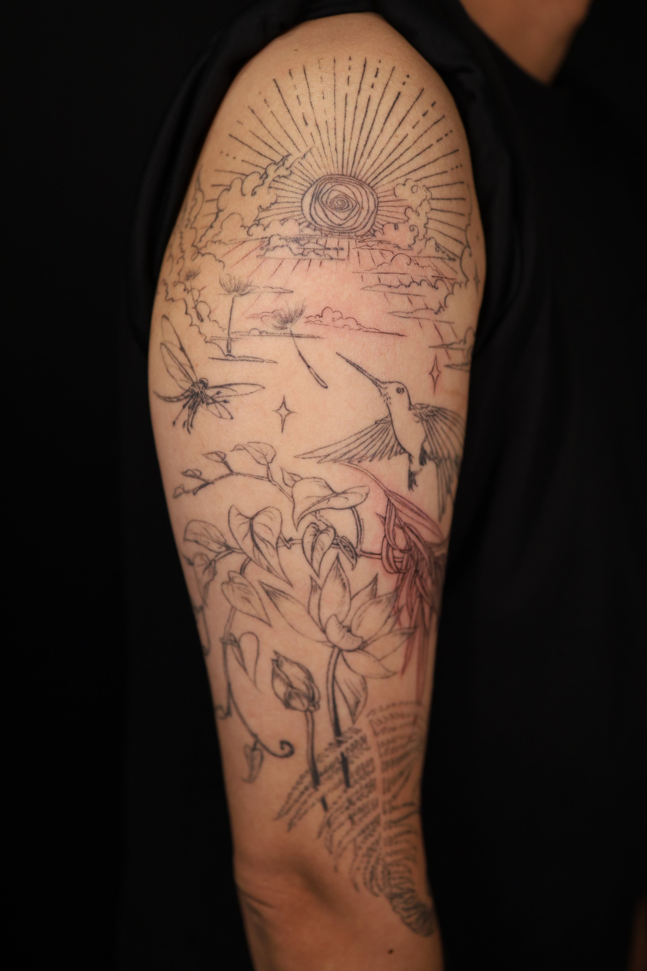 Black and white tattoo on a person's upper arm featuring a sun with rays, clouds, a flying hummingbird, a dragonfly, and floral elements.