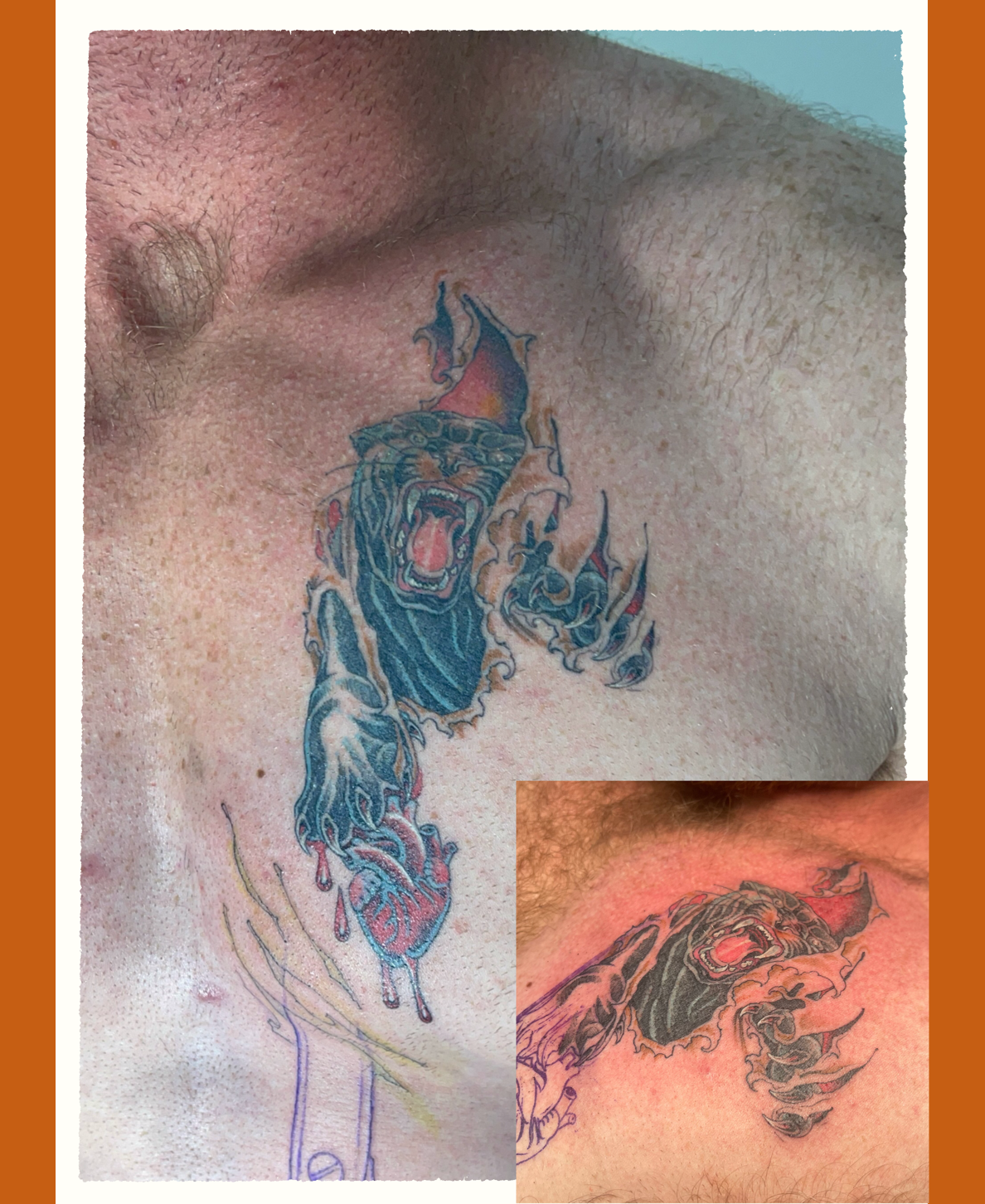 Tattoo of a roaring black panther with blue accents and red tongue in an American traditional style, emerging from skin tears on a person's upper chest done by Katt Coulter