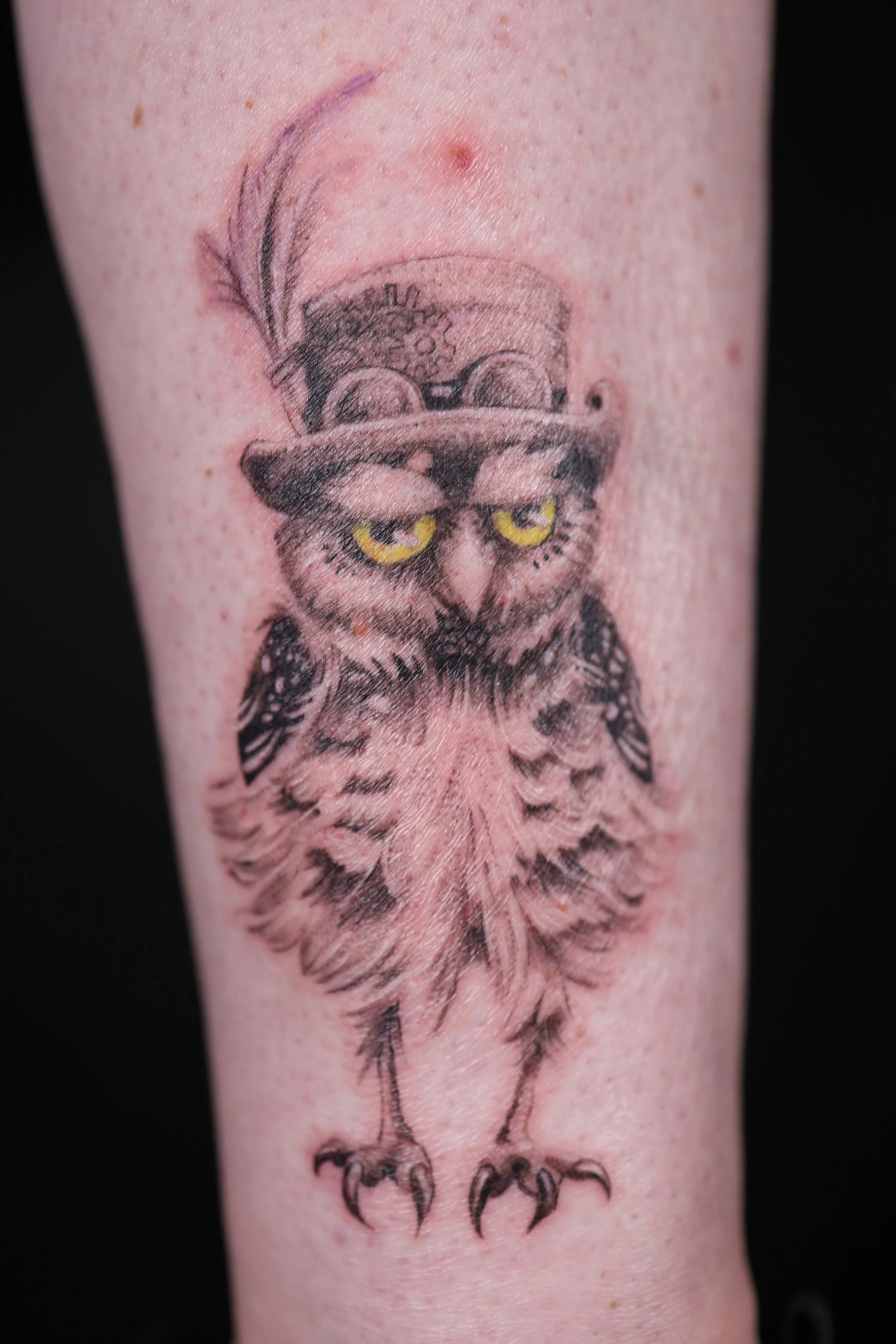 Tattoo of an owl wearing a steampunk hat with feathers.