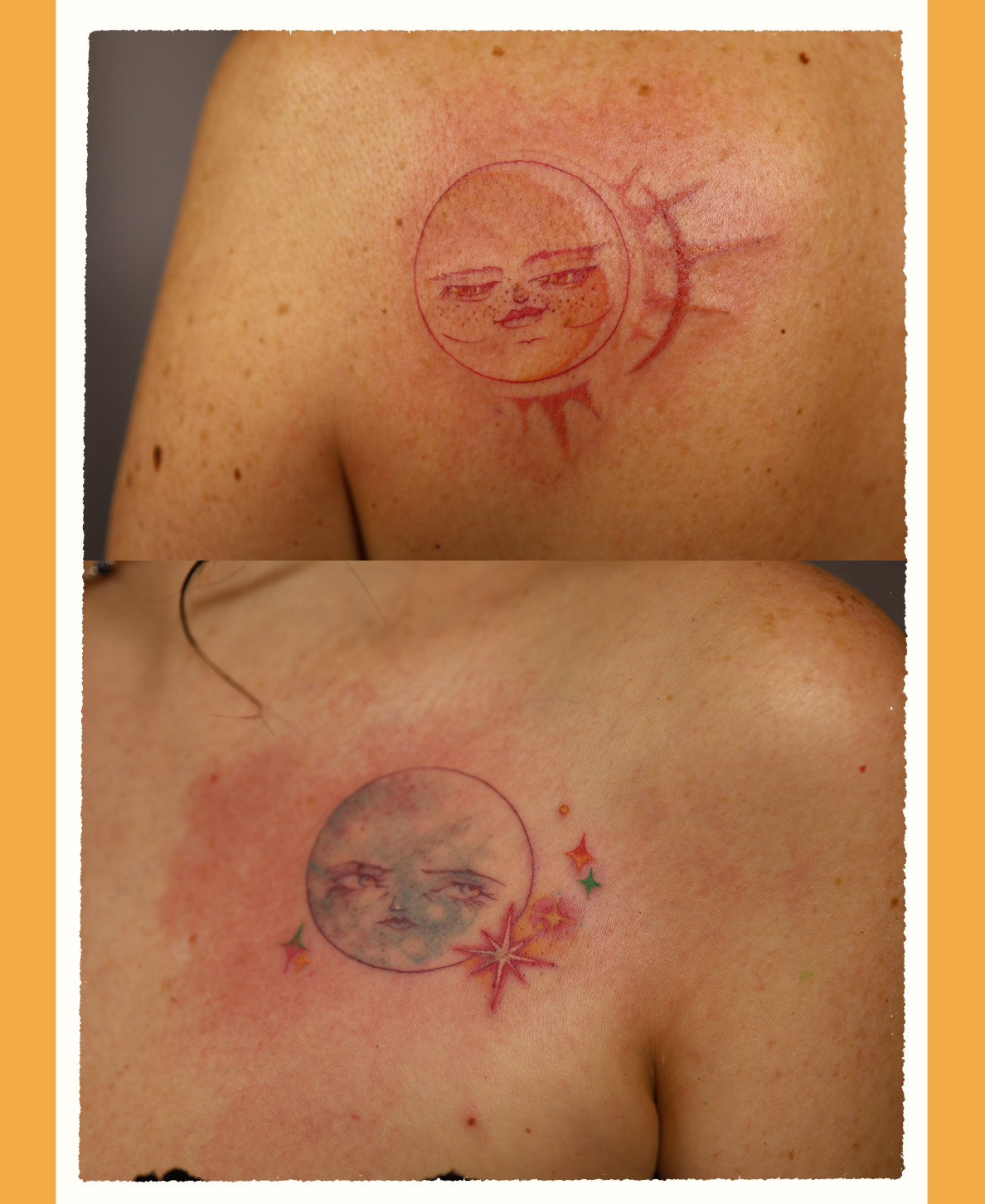 Tattoo of celestial faces with sun and moon themes on shoulders