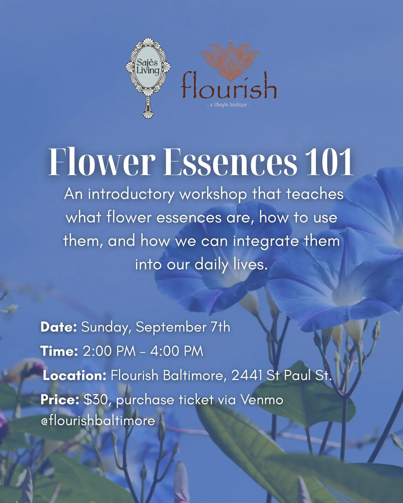 🪻Join me Sunday, September 7th at Flourish Baltimore for an in-person Flower Essence introductory workshop to learn more about flower essences and how they can support your emotional and energetic well-being.

🎟️You can purchase your ticket ($30) b