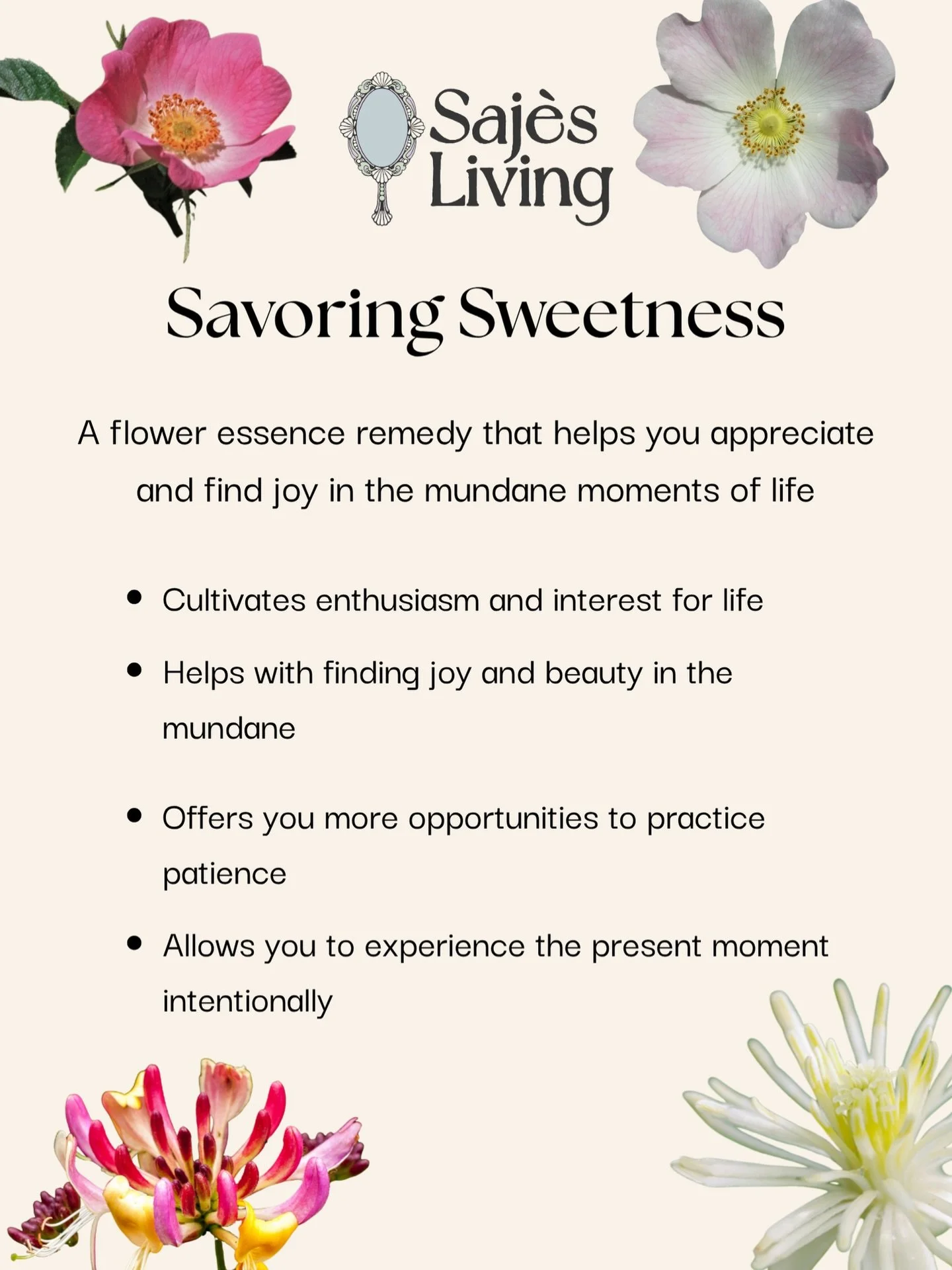 Today&rsquo;s spotlight from the Saj&egrave;s Living Flower Essence Collection is Savoring Sweetness😌🦚🧘🏾&zwj;♀️🍃

Savoring Sweetness is flower essence remedy that helps you appreciate and find joy in the mundane moments of life. 

🍃 Cultivates 