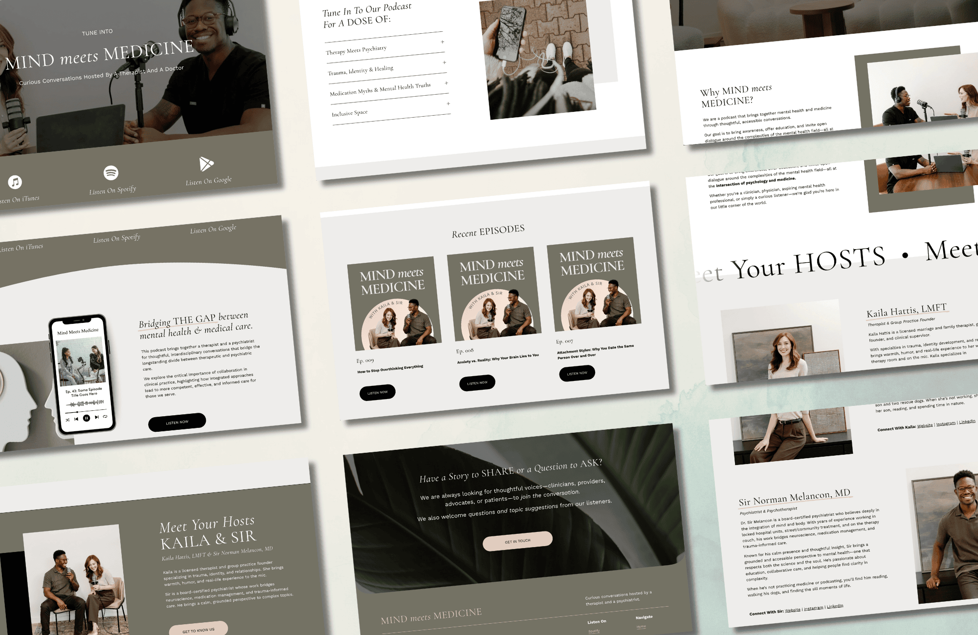 Collage of podcast website design showcasing homepage, episode listings, host bios, and brand visuals.