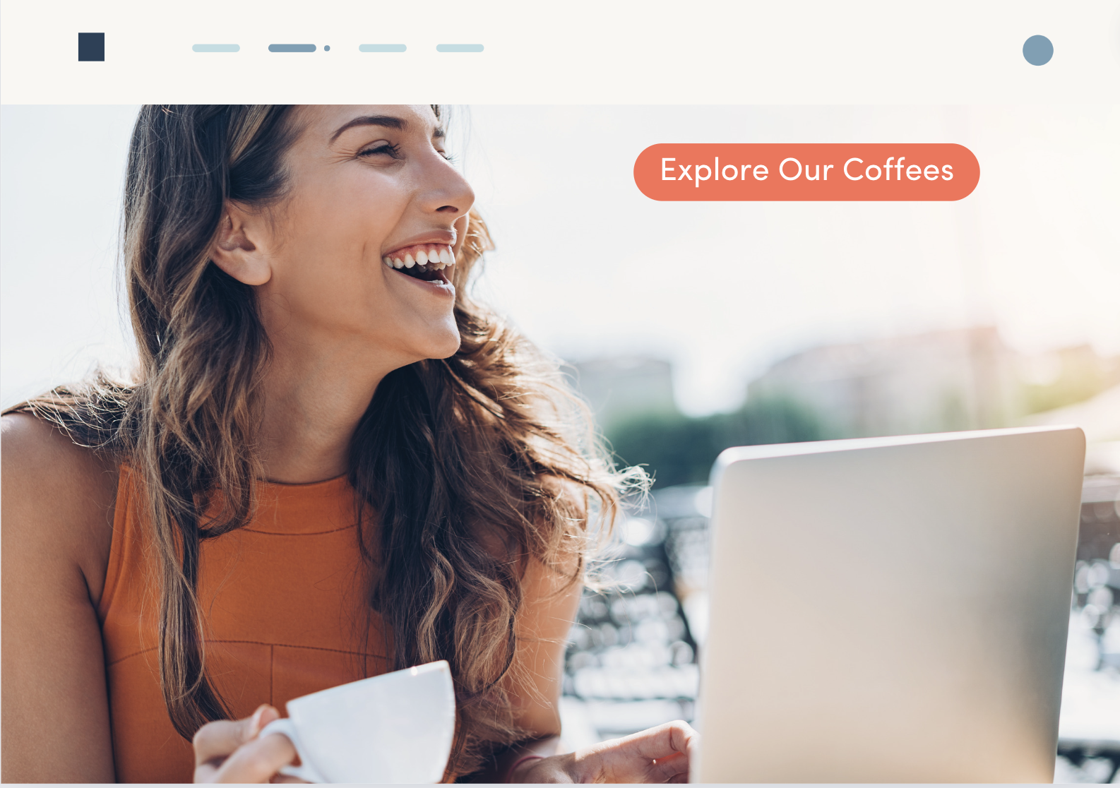 Website hero image showing a woman holding coffee laughing