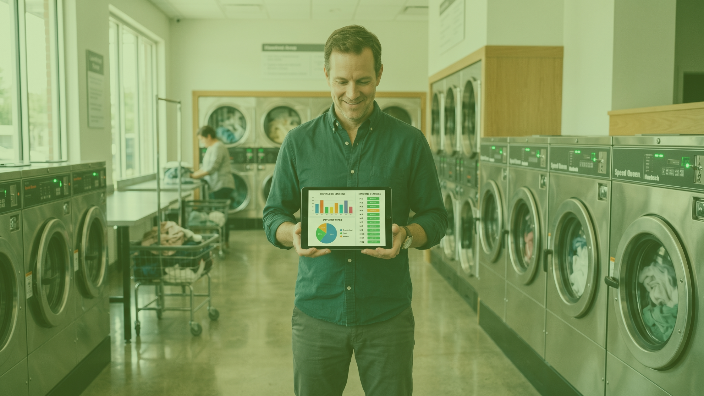 Laundromat owner reviewing a payment system dashboard on a tablet showing machine usage and revenue data