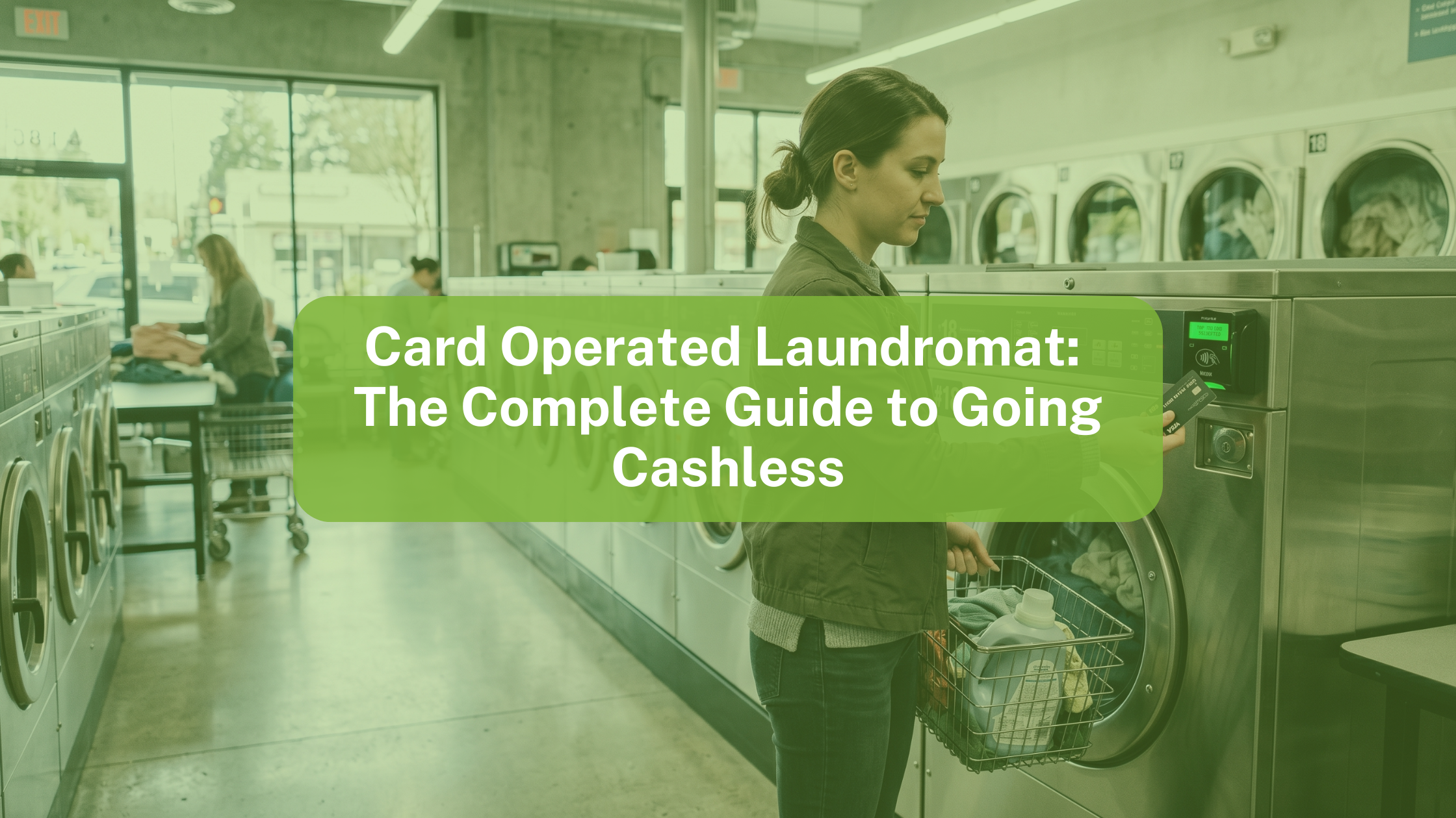 Customer tapping a credit card on a modern card reader mounted on a commercial front-load washer in a clean laundromat
