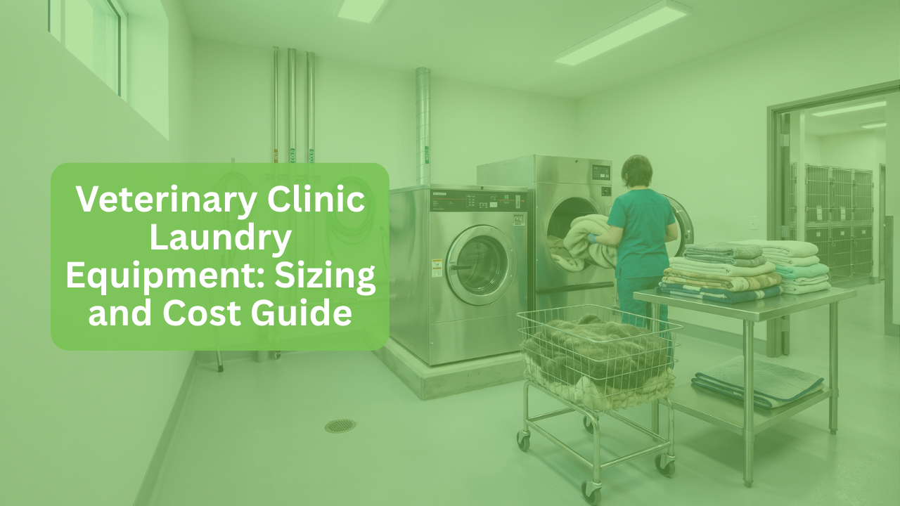 Veterinary clinic laundry equipment in a Colorado animal hospital, staff loading kennel bedding