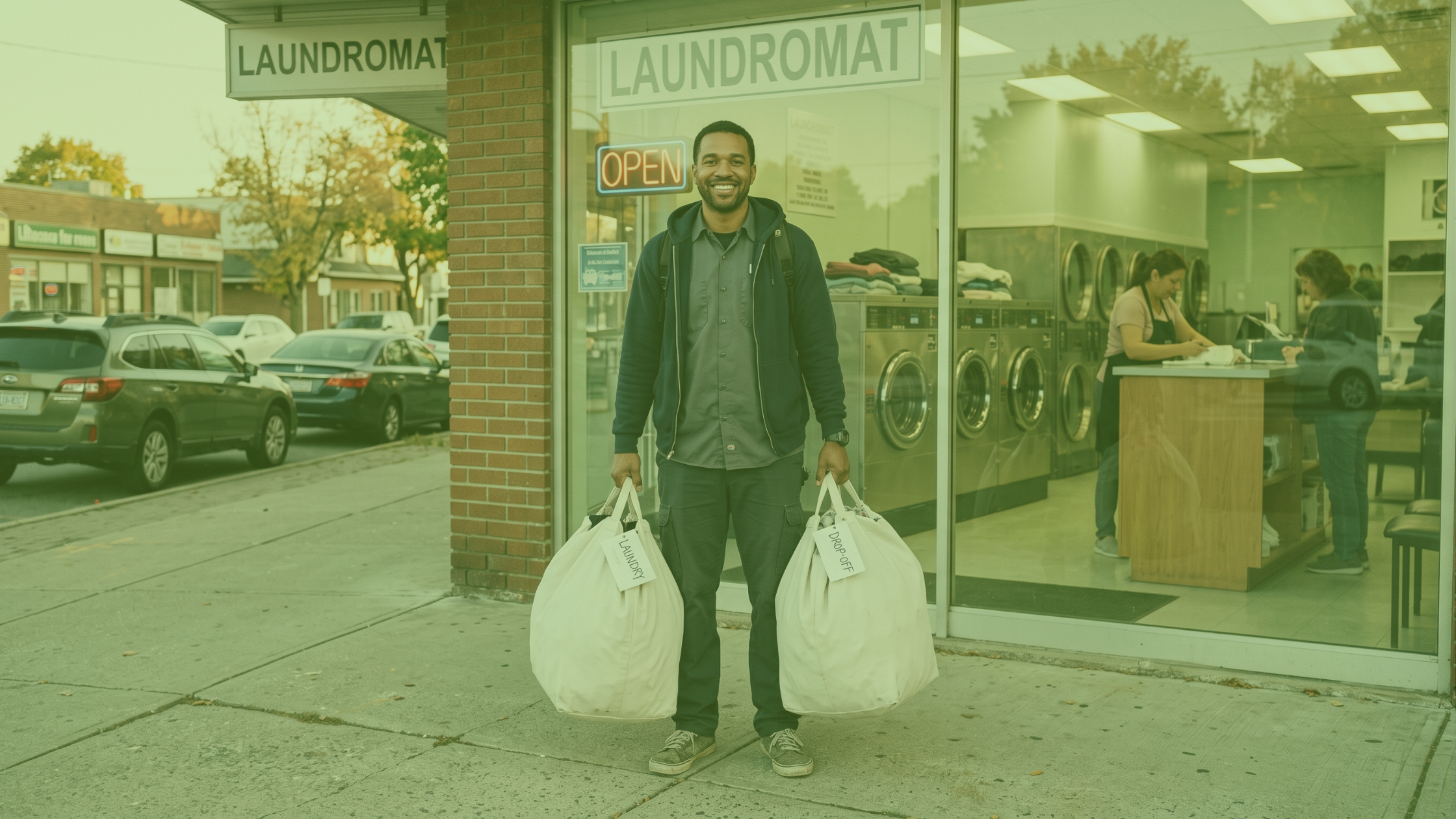 Delivery driver picking up labeled wash-and-fold laundry bags from a laundromat for customer home delivery