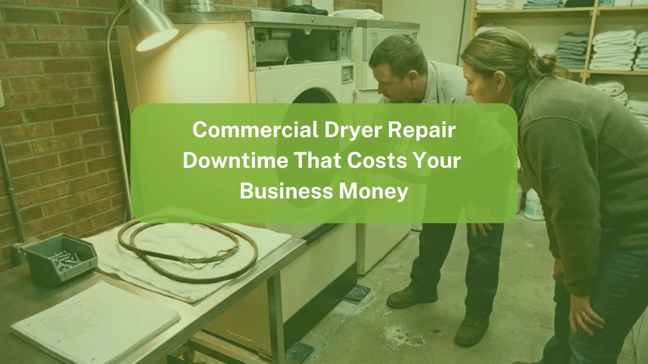 Technician and staff inspecting an open commercial dryer during a Commercial Dryer Repair service visit in a laundry facility.